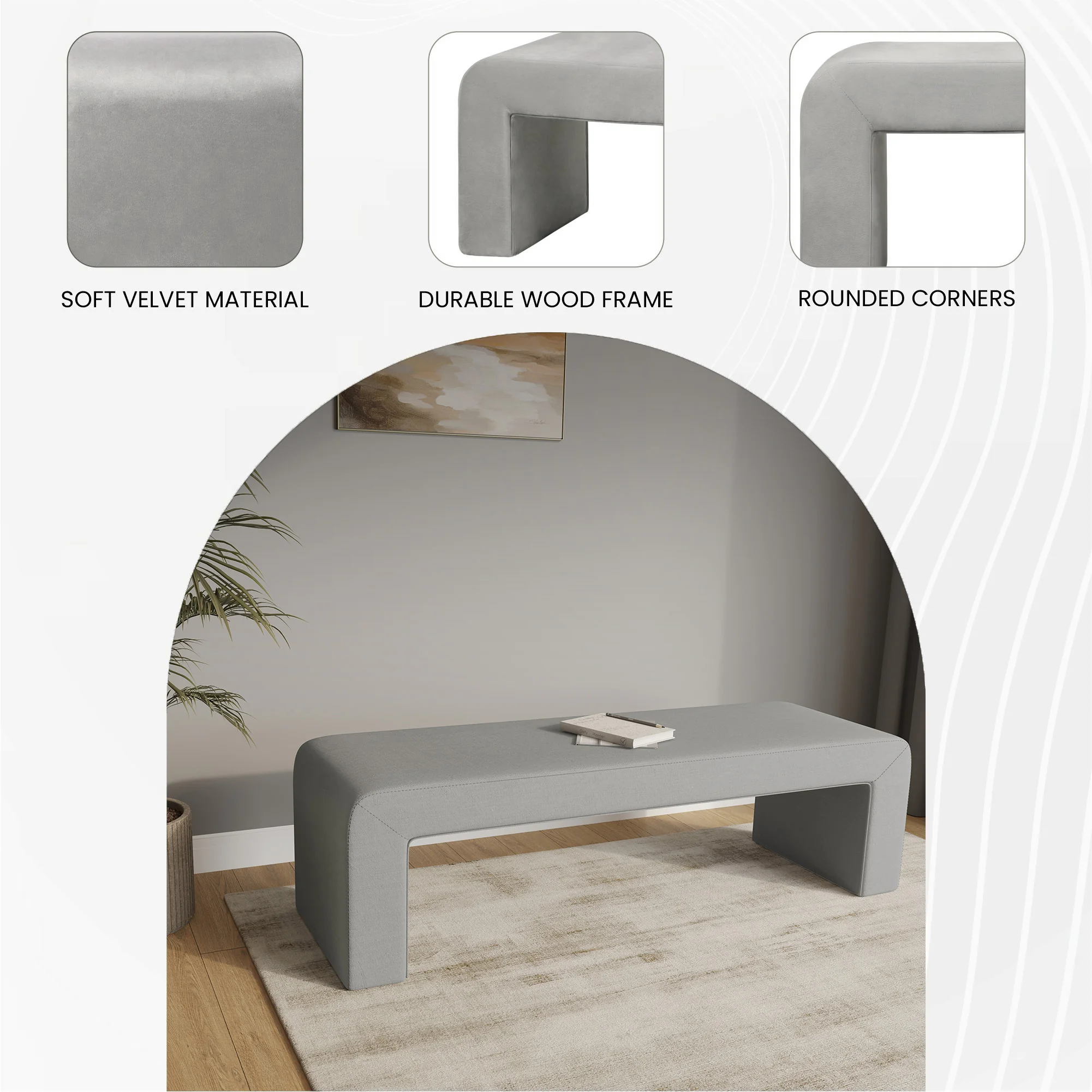 Vint Collection Modern 63" Bench In Light Grey Velvet