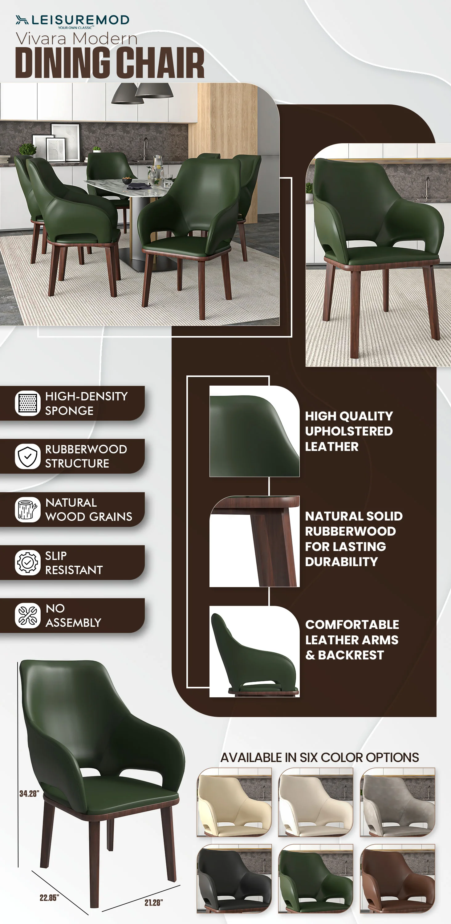 Vivara Collection Modern Dining Chair in Dark Green Set of 2