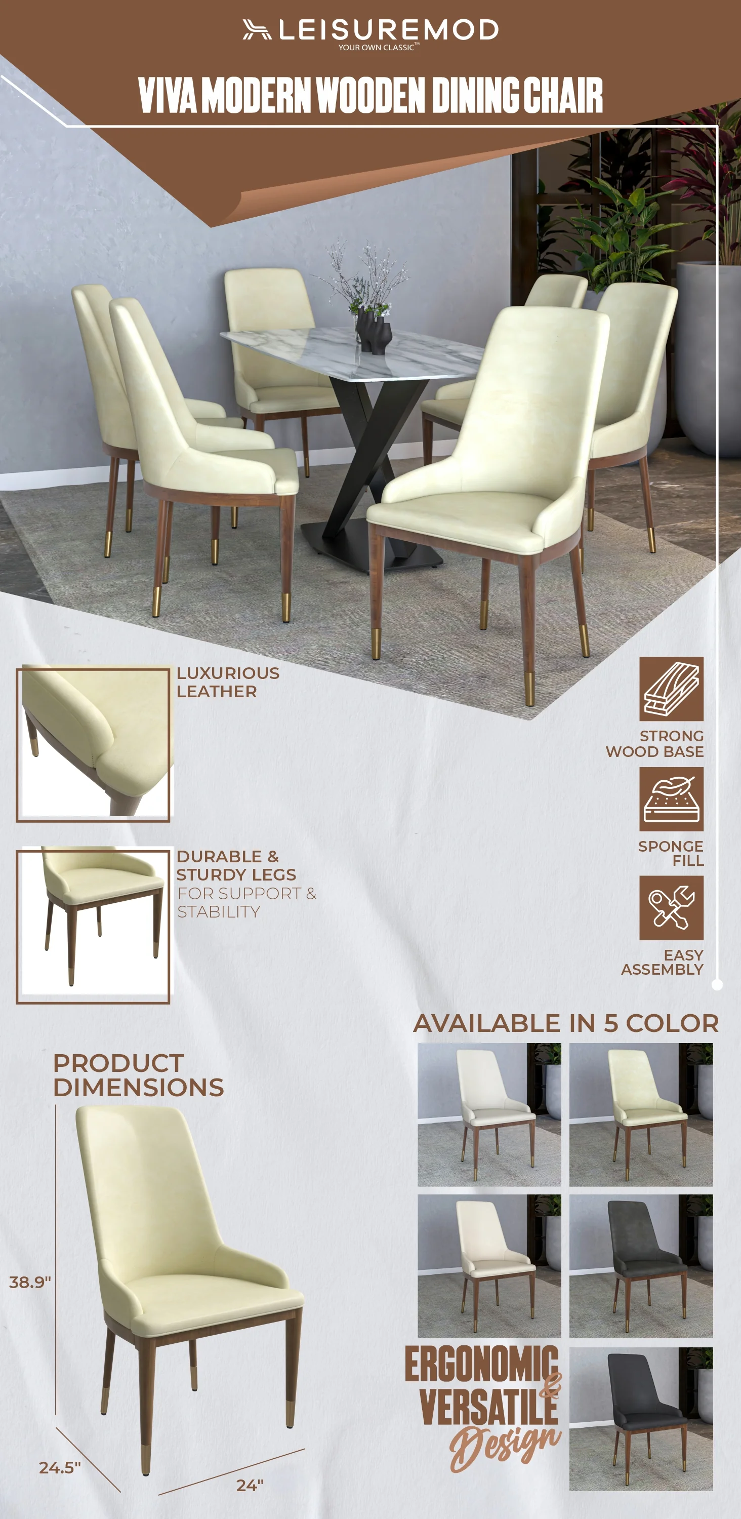 Viva Collection Modern Wooden Dining Chair in Cream Set of 2