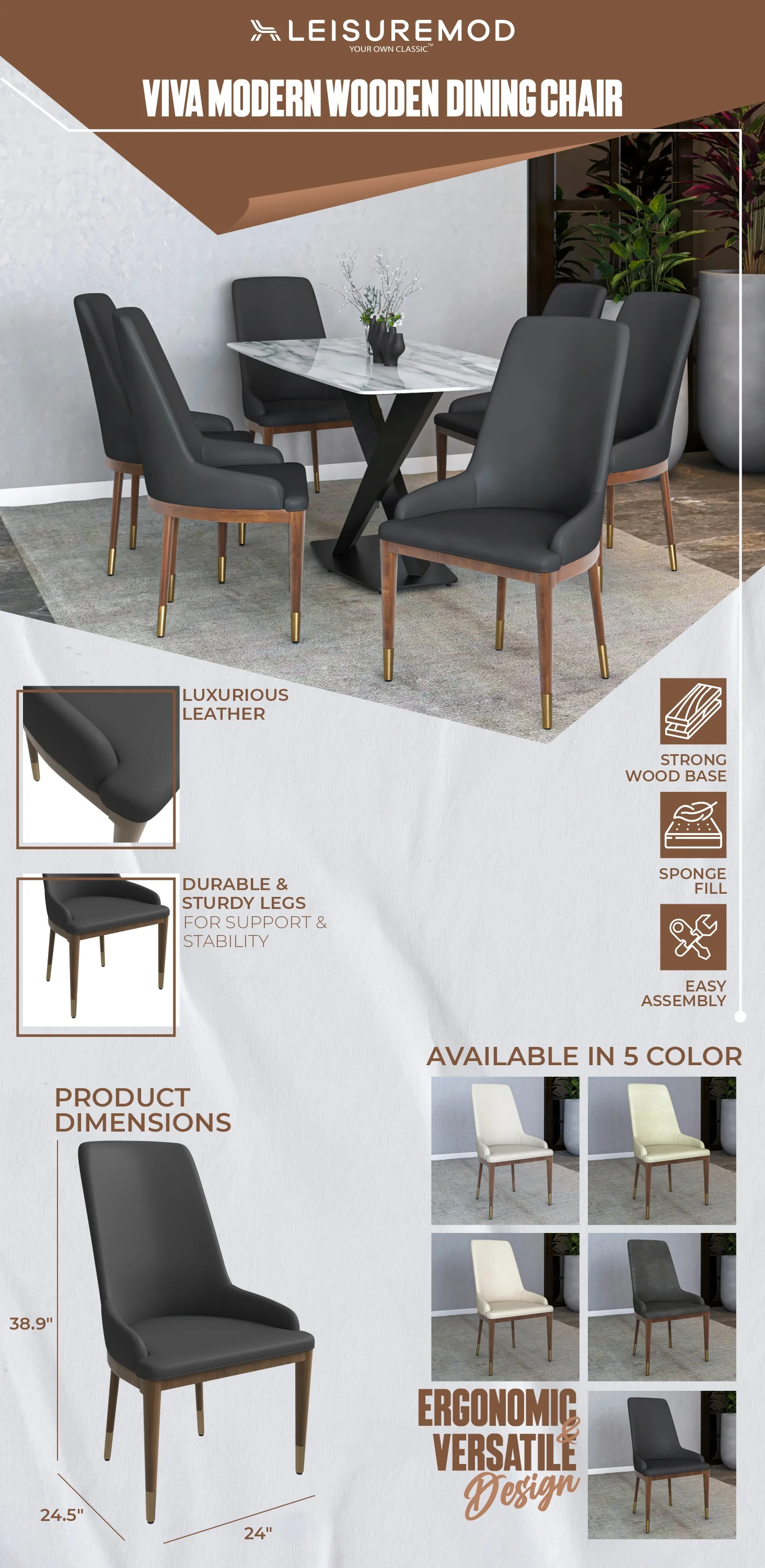 Viva Collection Modern Wooden Dining Chair in Dark Grey Set of 4