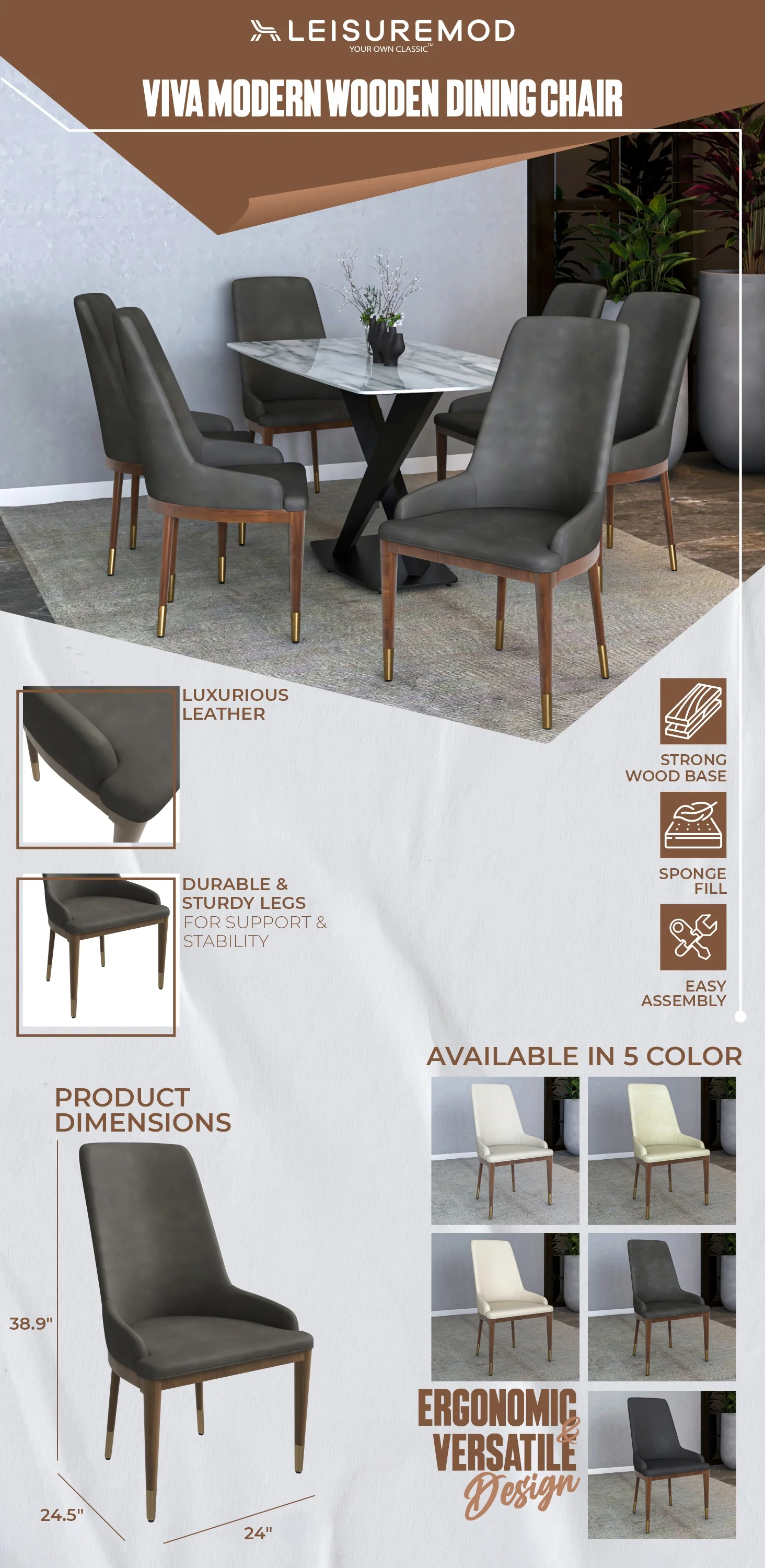 Viva Collection Modern Wooden Dining Chair in Mocha Brown Set of 4