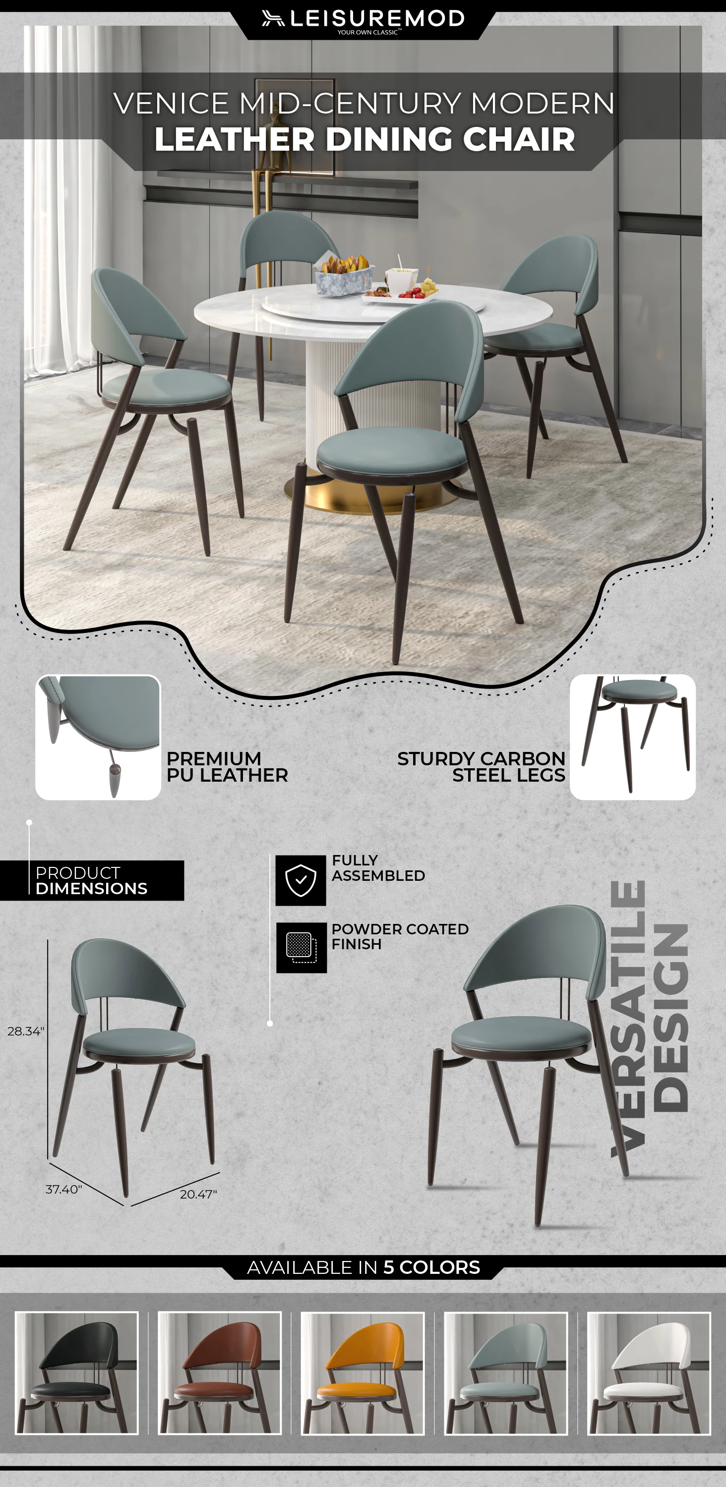 Venice Collection Modern Dining Chair In Black set of 2 in Grey