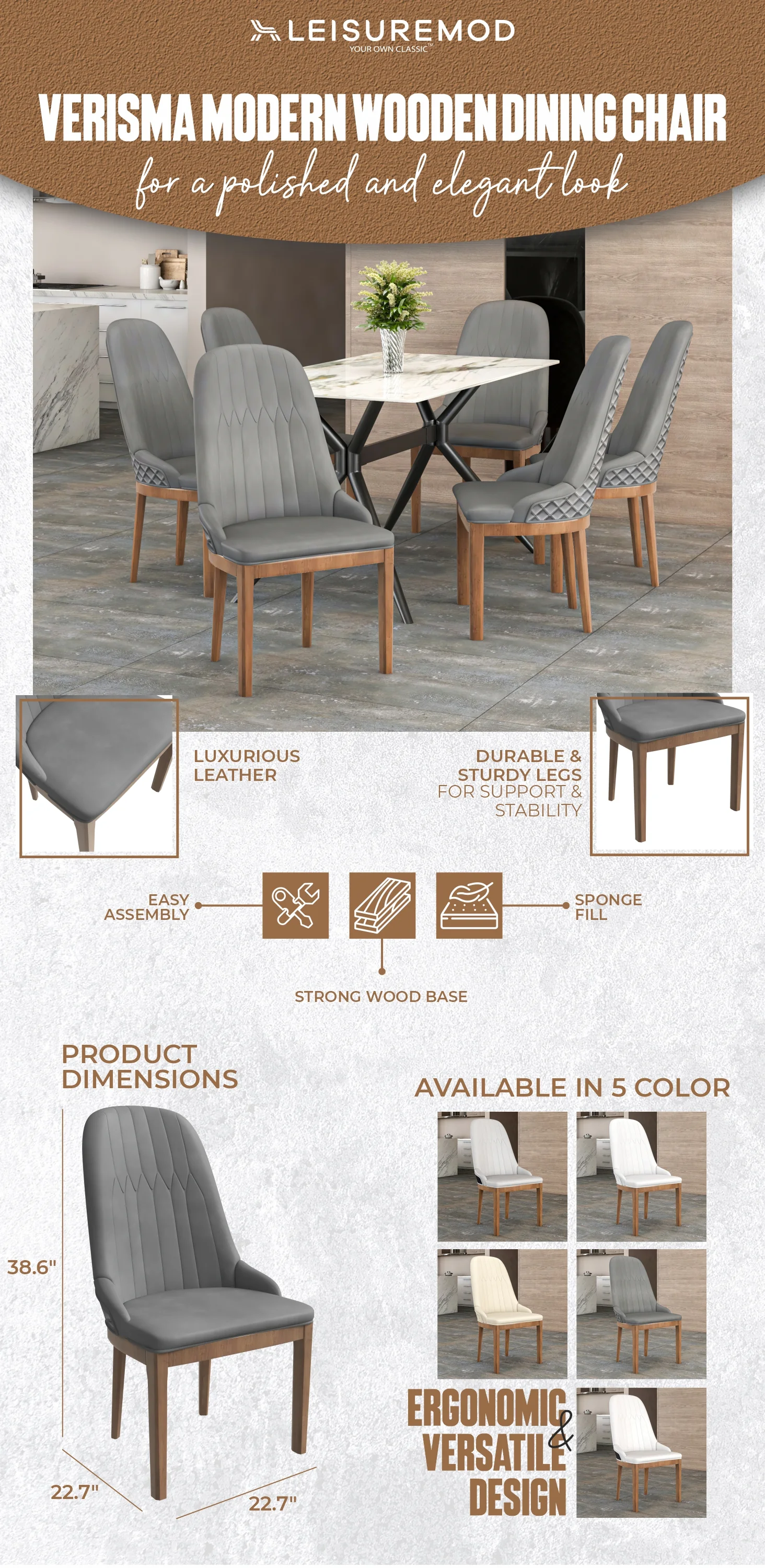 Verisma Collection Modern Wooden Dining Chair in Grey