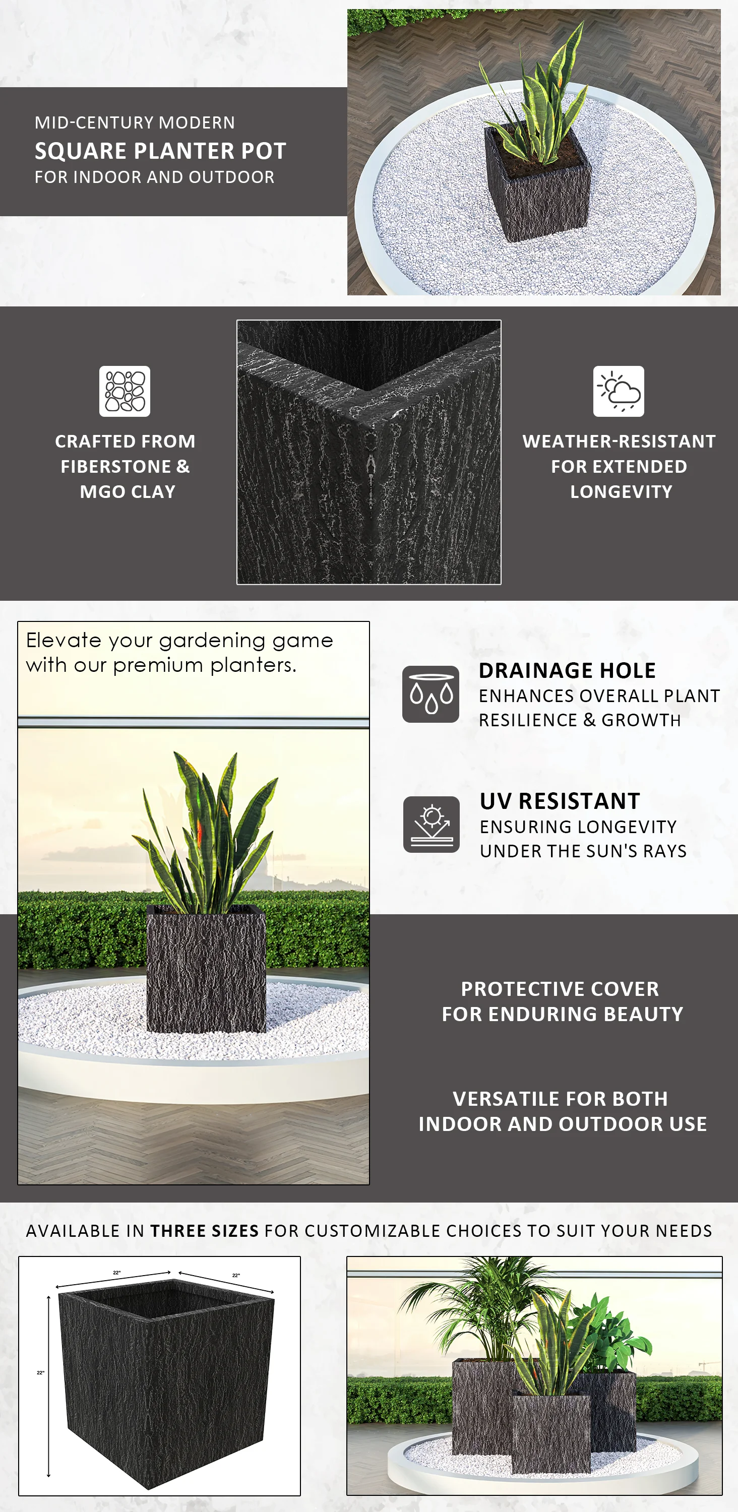 Verdura Series Cubic Poly Stone Planter in Dotted Blck 21.7 Cube