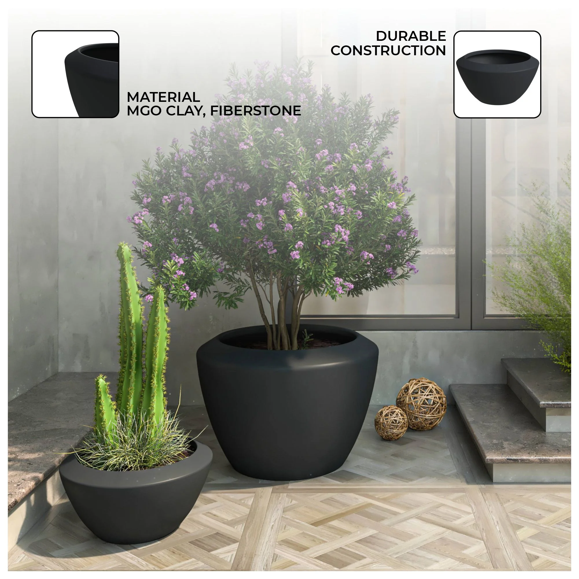 Vessel Series Poly Stone Planter Set in Black