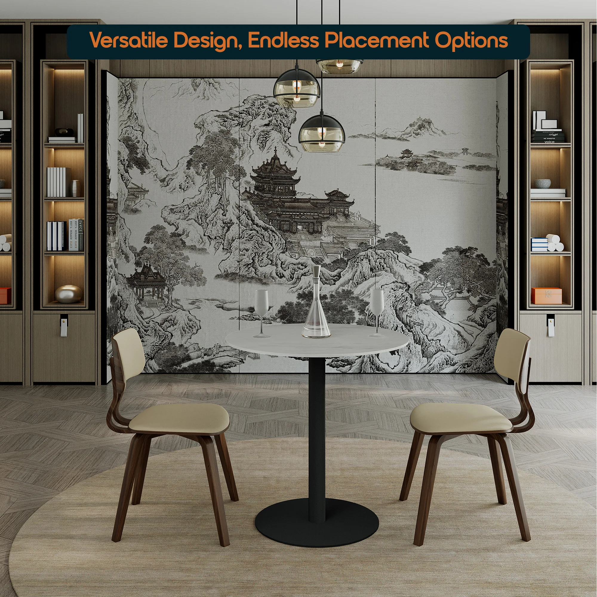 Vail Collection Dining Table Black Base With 27" Round White Stone Top