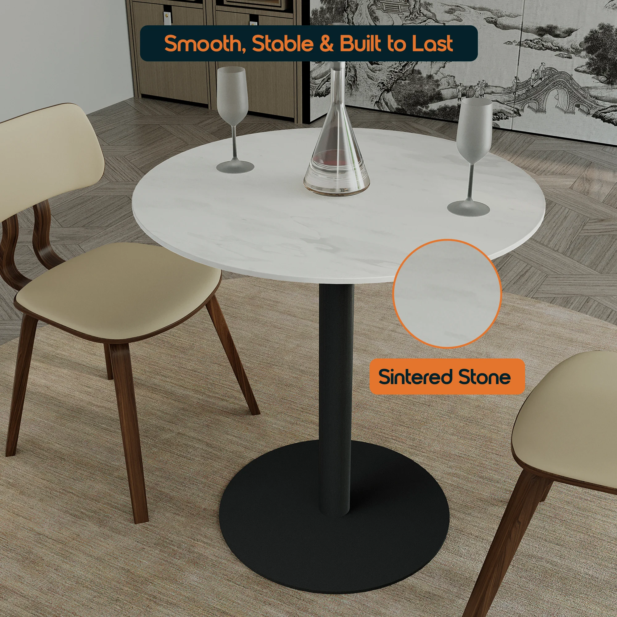 Vail Collection Dining Table Black Base With 27" Round White Stone Top
