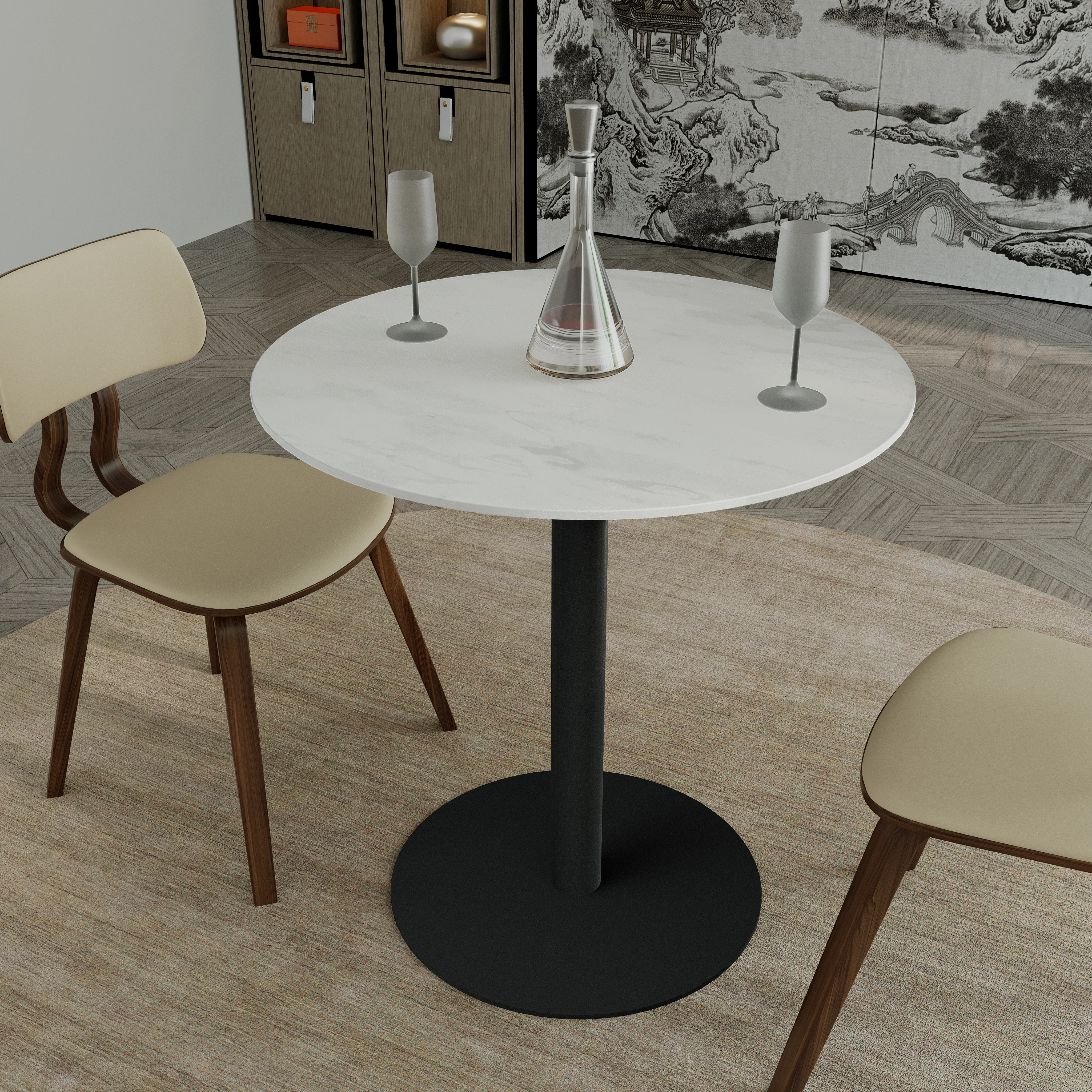 Vail Collection Dining Table Black Base With 27" Round White Stone Top