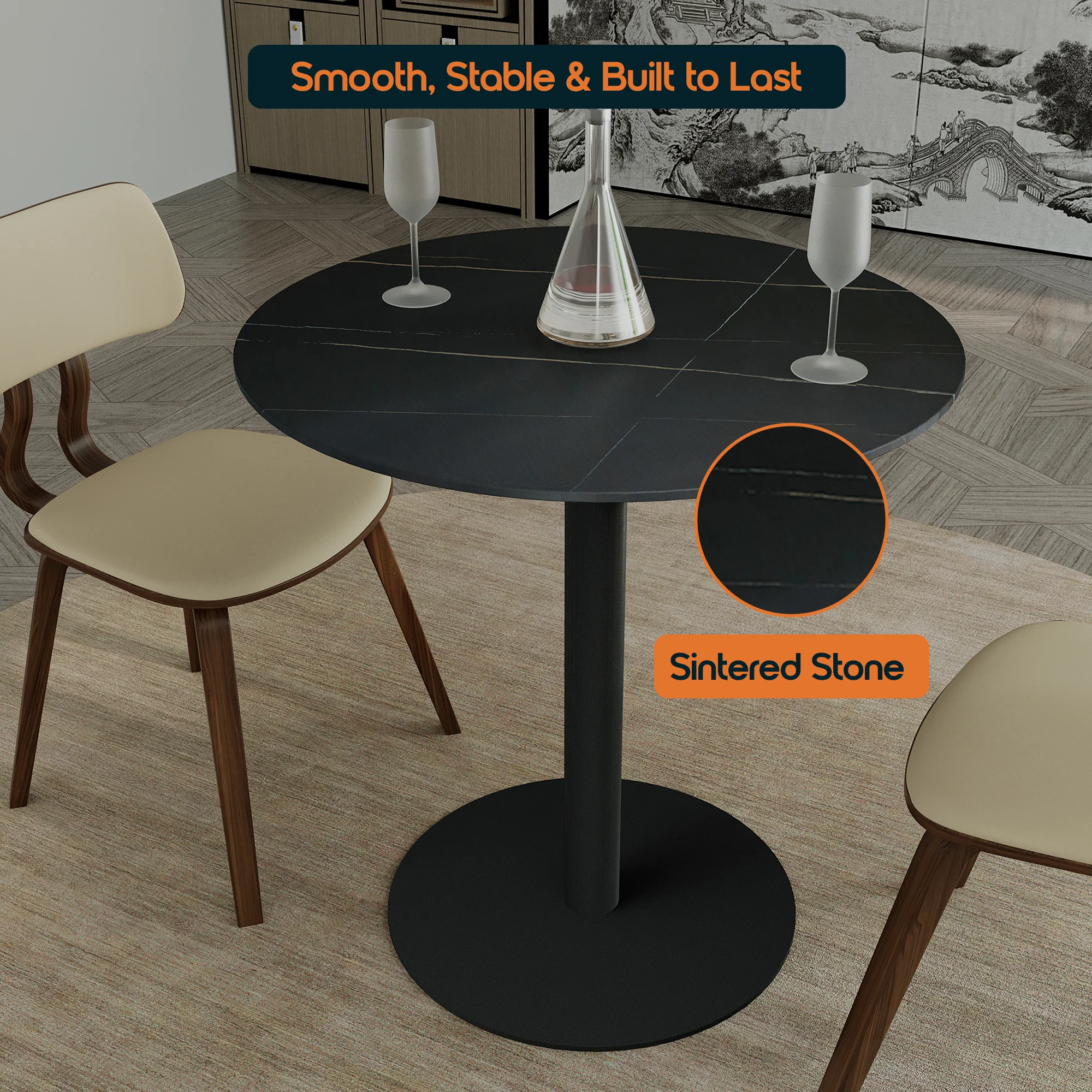 Vail Collection Dining Table Black Base With 36" Round BLack Stone  Top