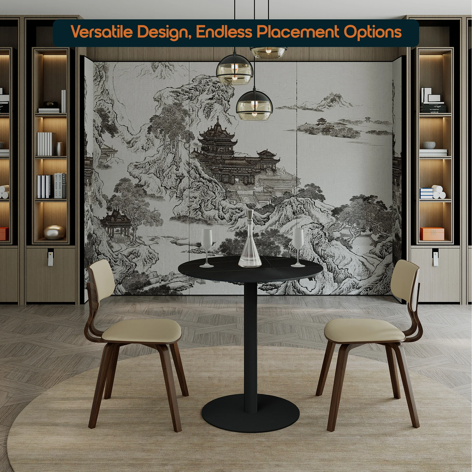 Vail Collection Dining Table Black Base With 36" Round BLack Stone  Top