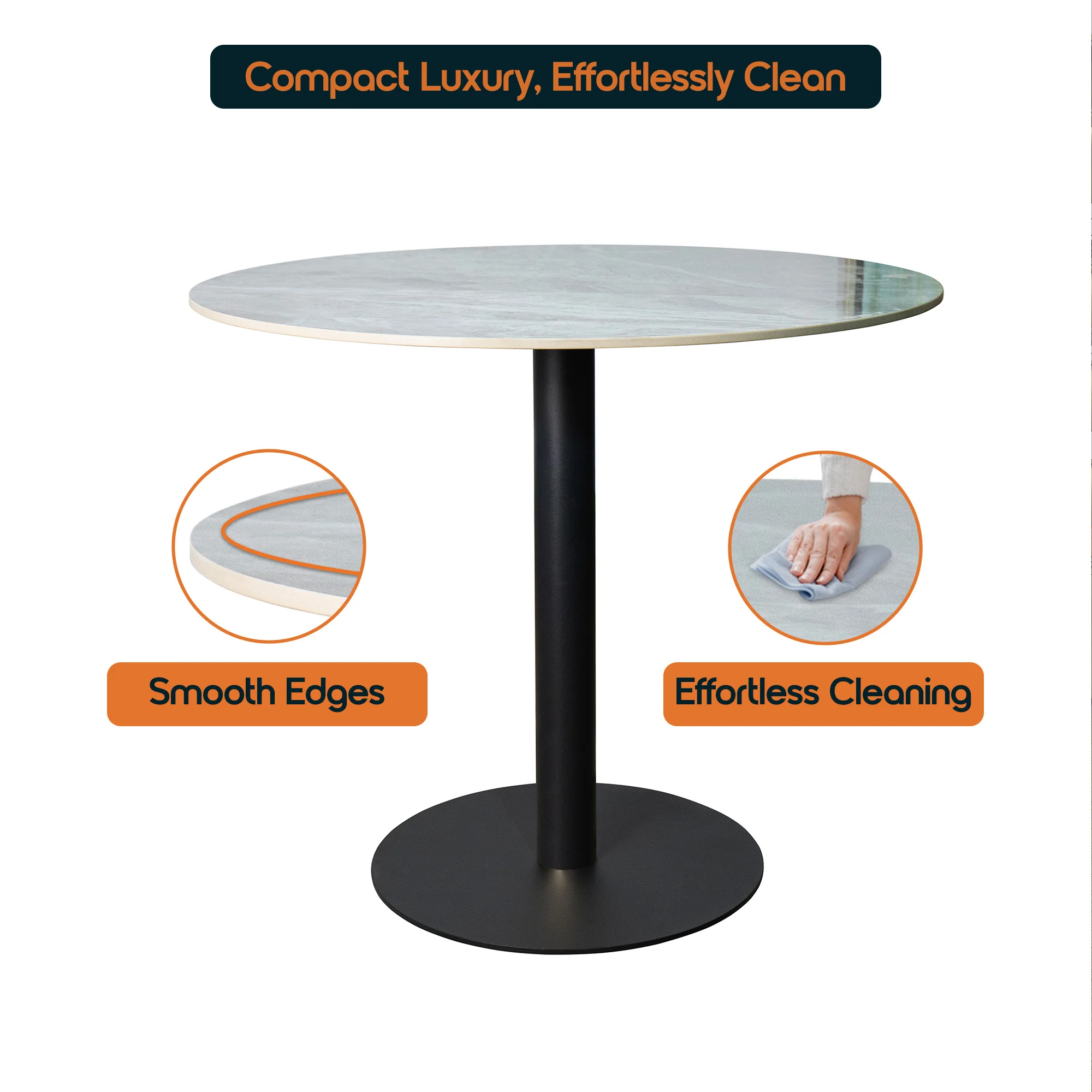 Vail Collection Dining Table Black Base With 36" Round Grey Stone  Top