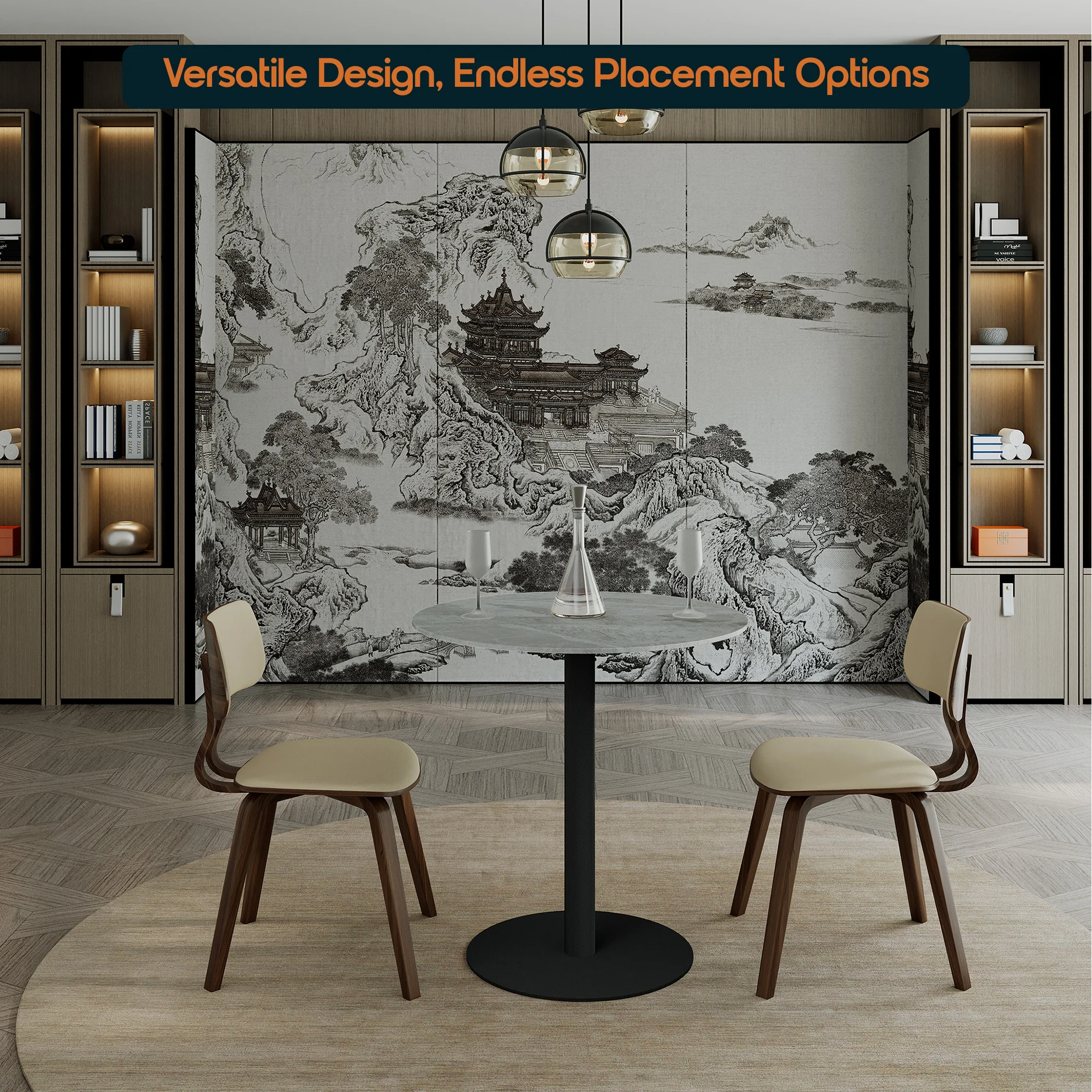 Vail Collection Dining Table Black Base With 36" Round Grey Stone  Top