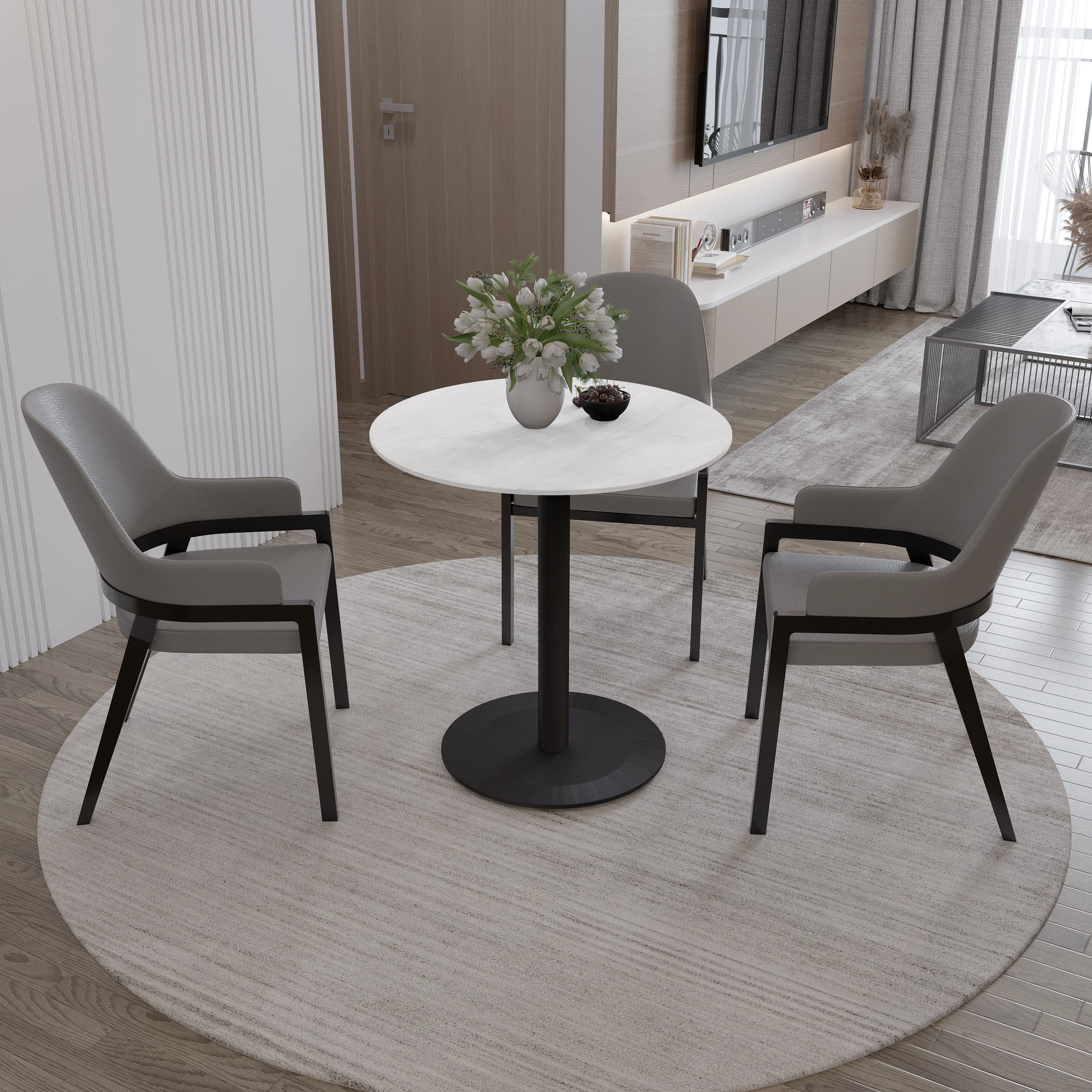Vail Collection Dining Table Black Base With 36" Round Light Wood  Brown MDF Top