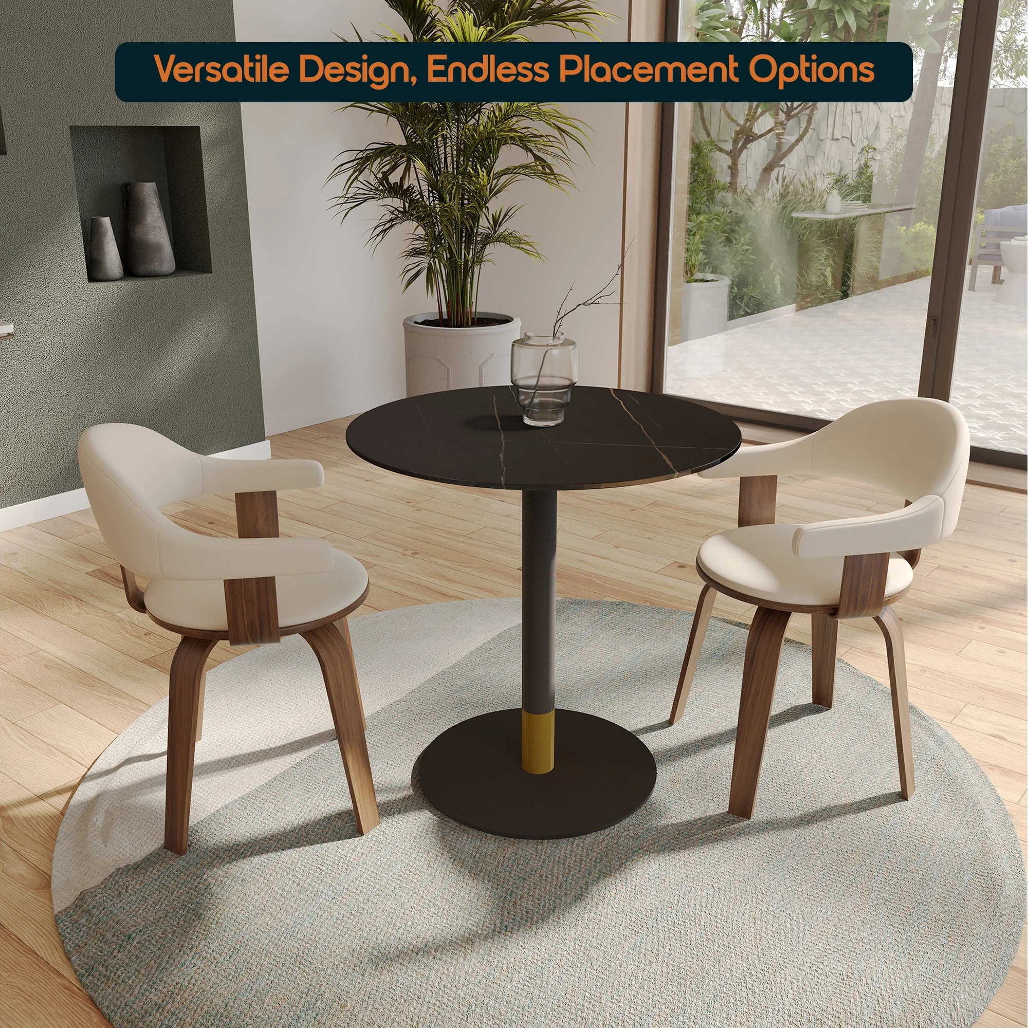 Vail Collection Dining Table Black/Gold Base With 27" Round Black Stone Top