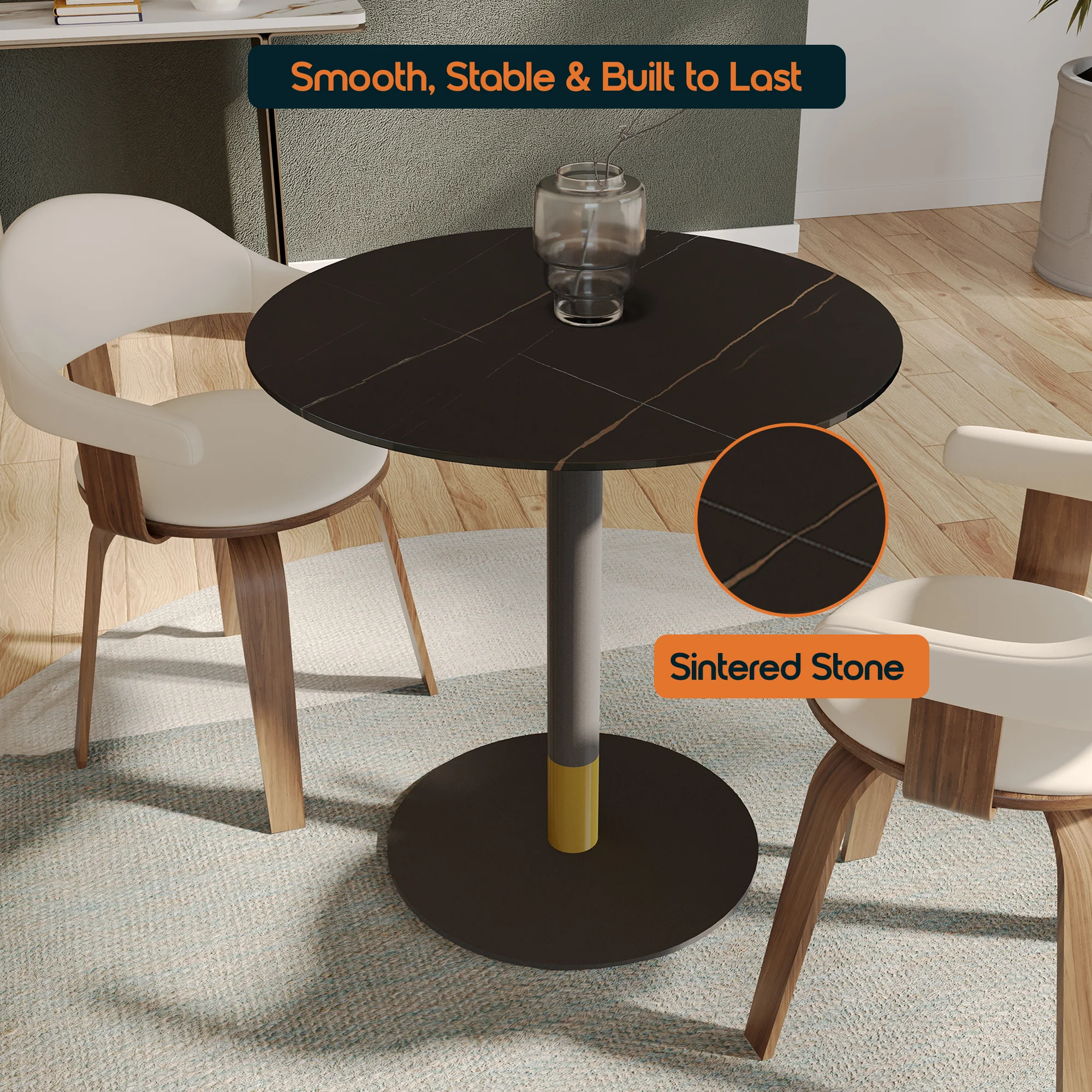 Vail Collection Dining Table Black/Gold Base With 27" Round Black Stone Top