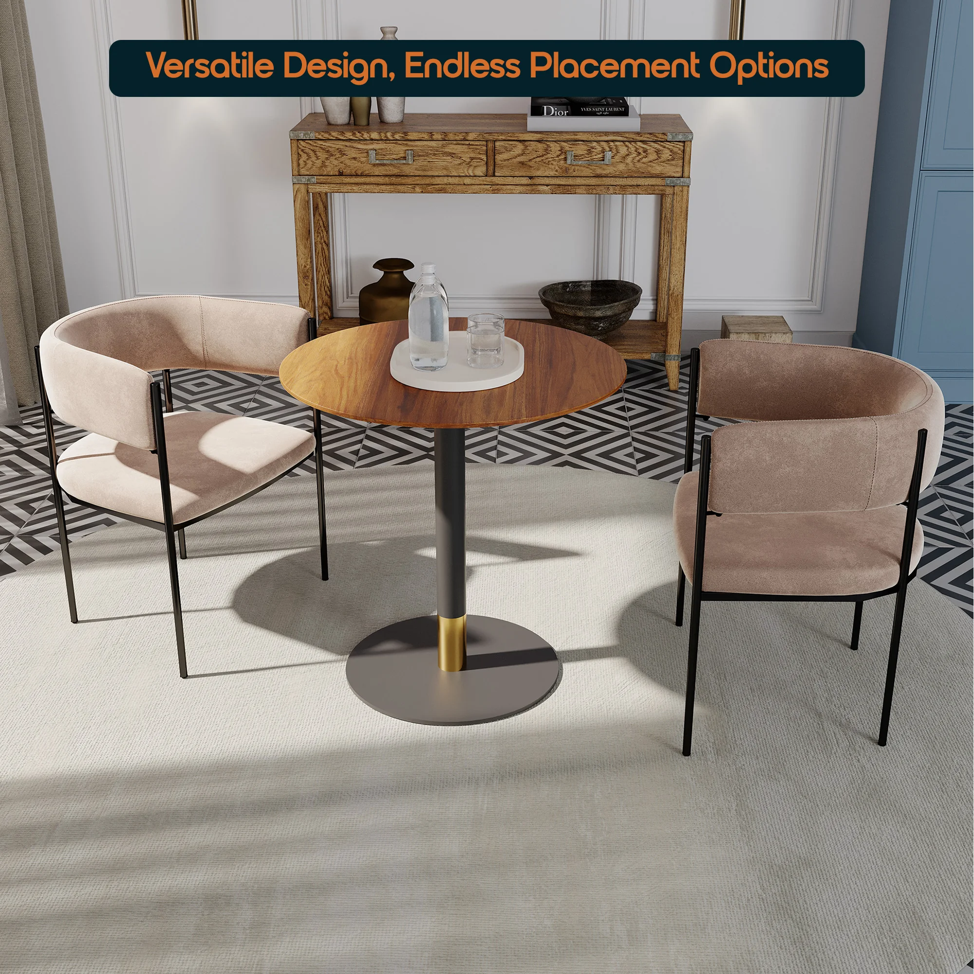 Vail Collection Dining Table Black/Gold Base With 27" Round Cognac Brown MDF Top