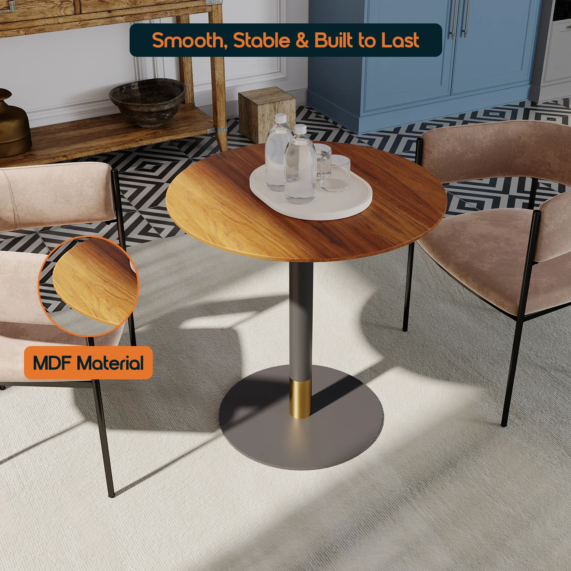 Vail Collection Dining Table Black/Gold Base With 27" Round Cognac Brown MDF Top