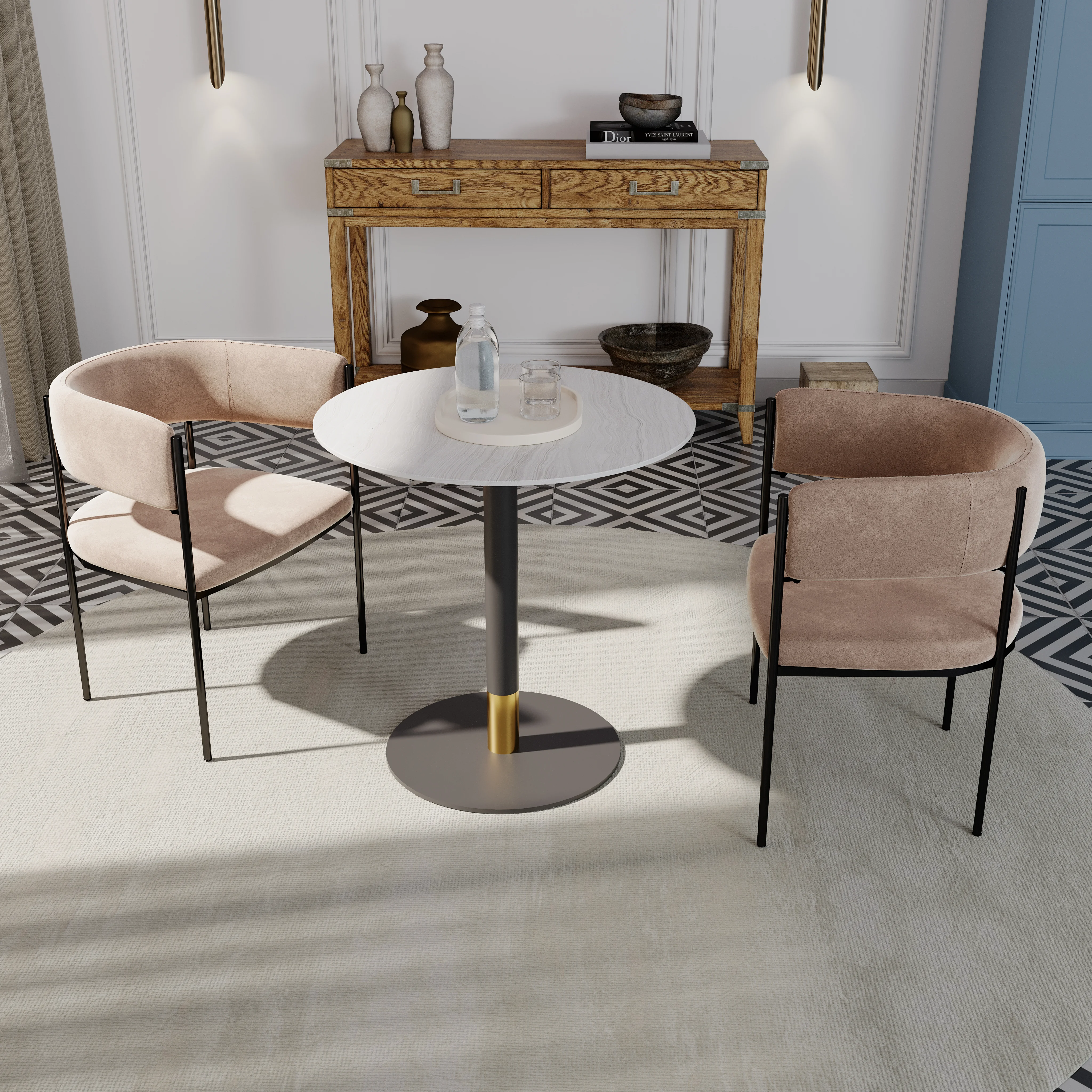 Vail Collection Dining Table Black/Gold Base With 27" Round Light Wood  Brown MDF Top