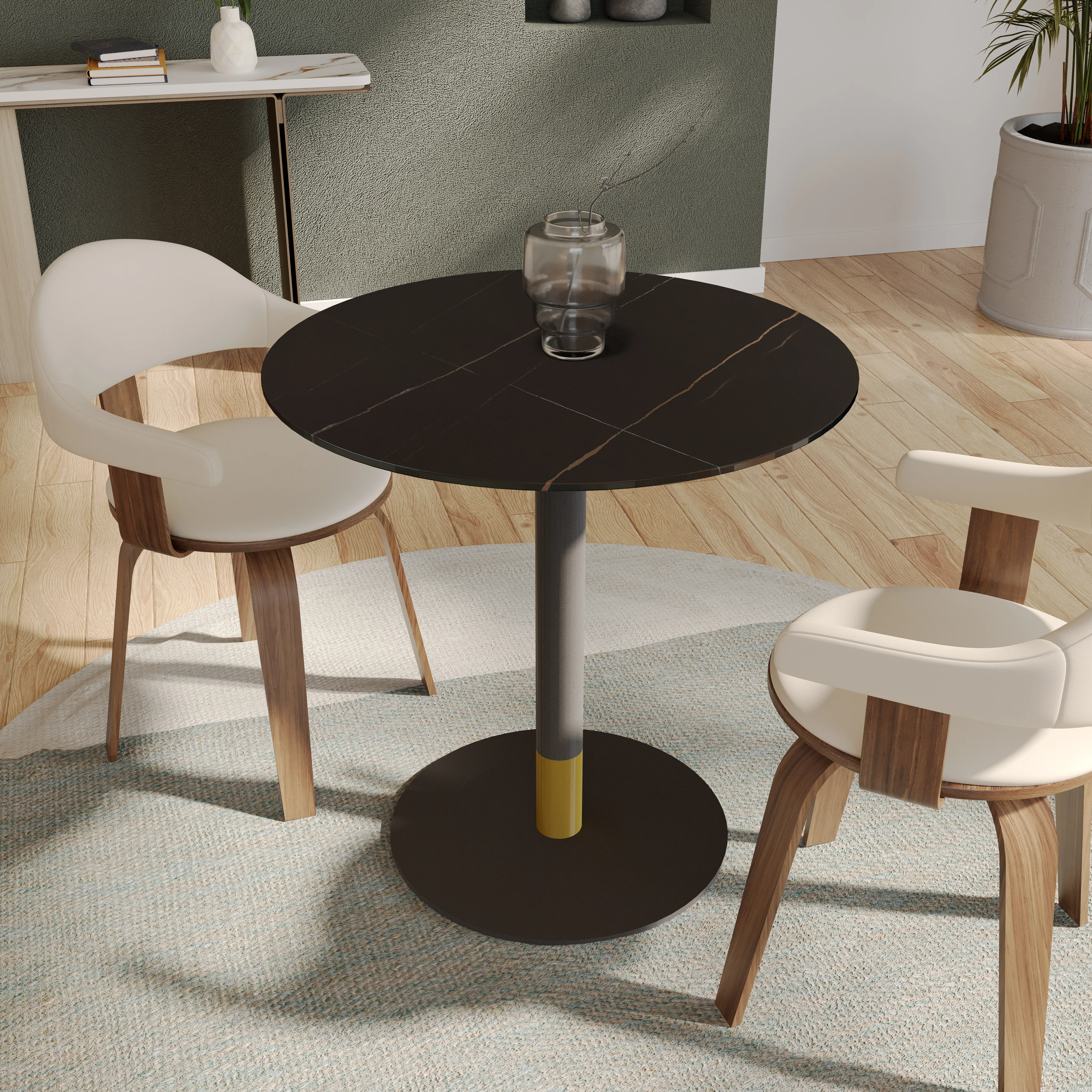 Vail Collection Dining Table Black/Gold Base With 36" Round BLack Stone  Top