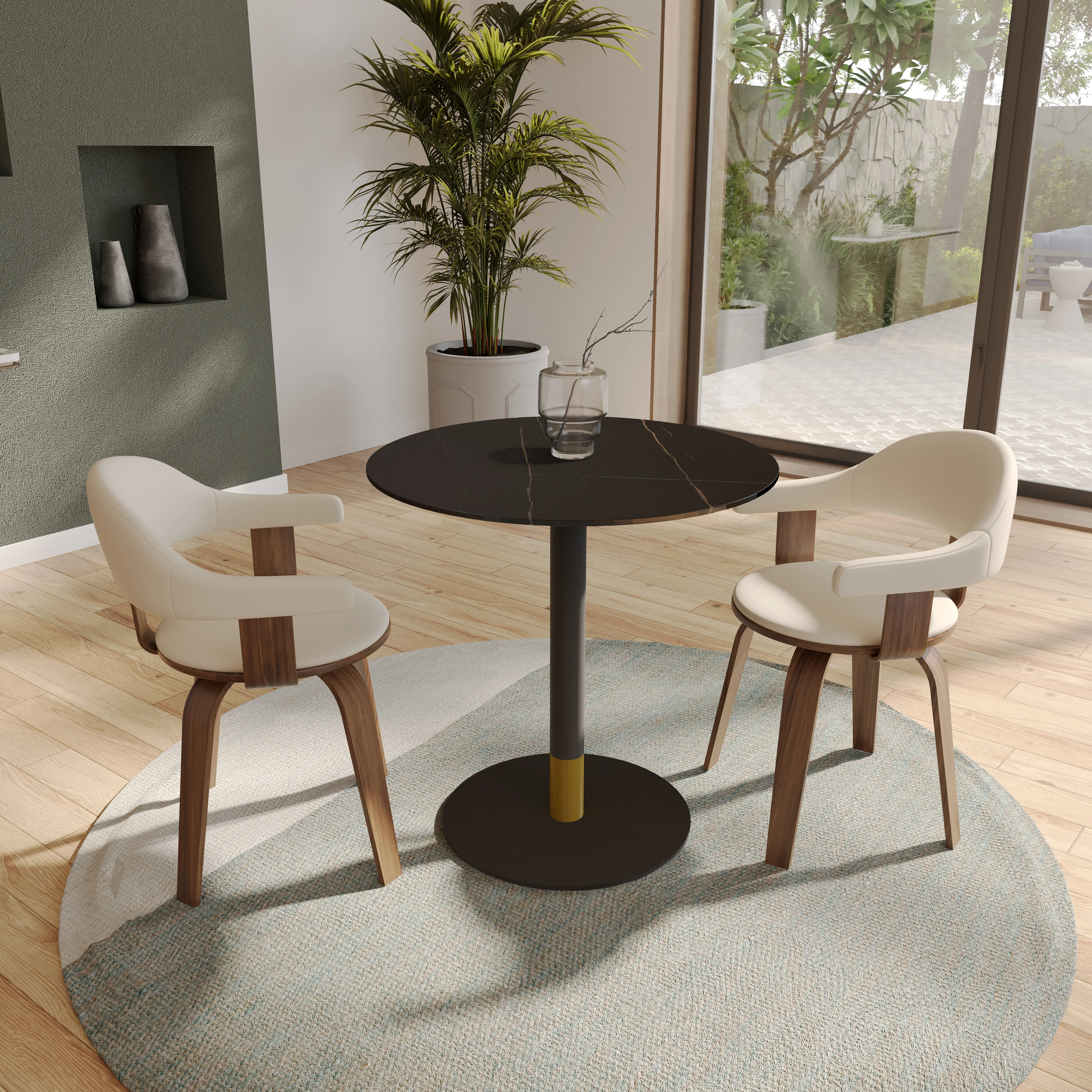 Vail Collection Dining Table Black/Gold Base With 36" Round BLack Stone  Top