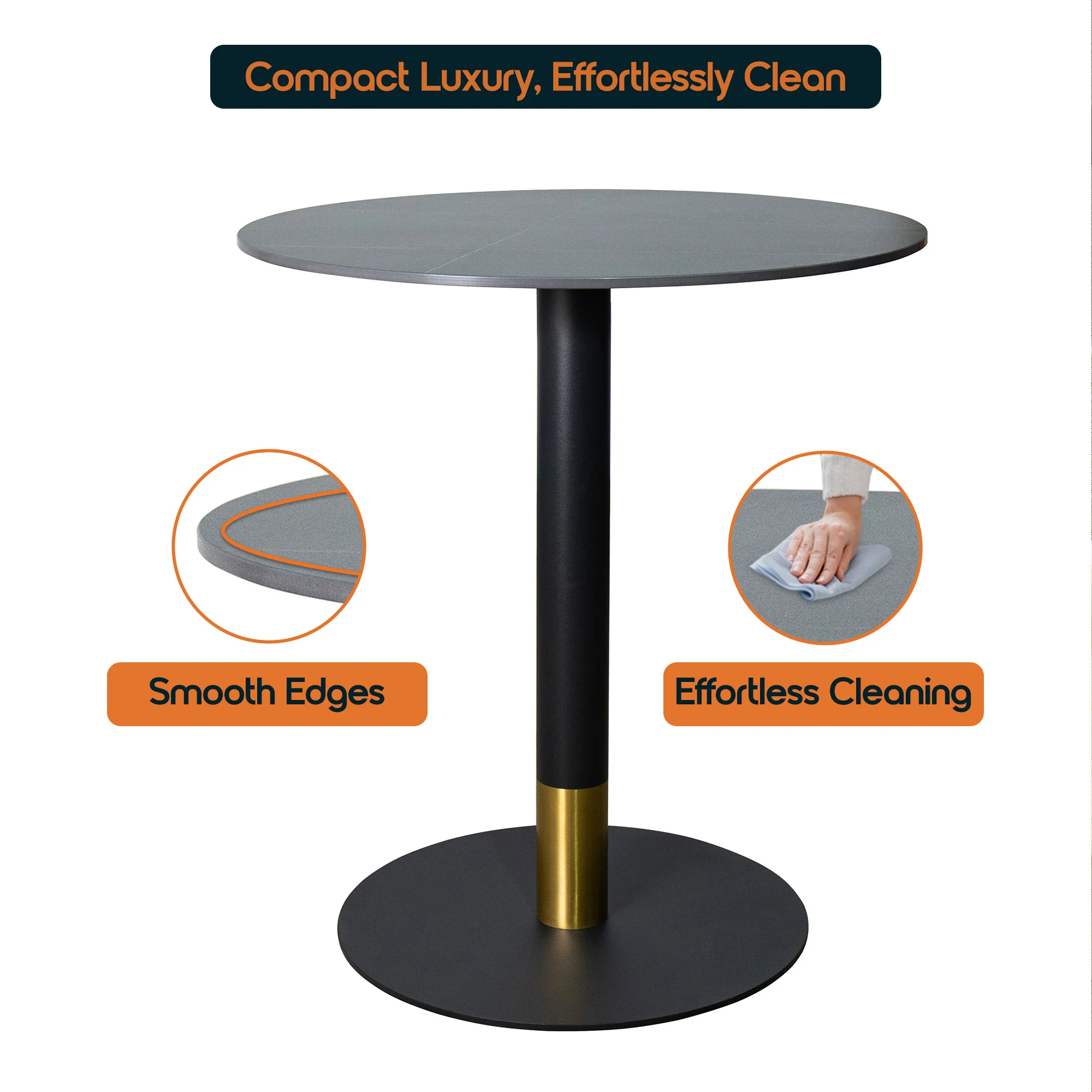 Vail Collection Dining Table Black/Gold Base With 36" Round BLack Stone  Top