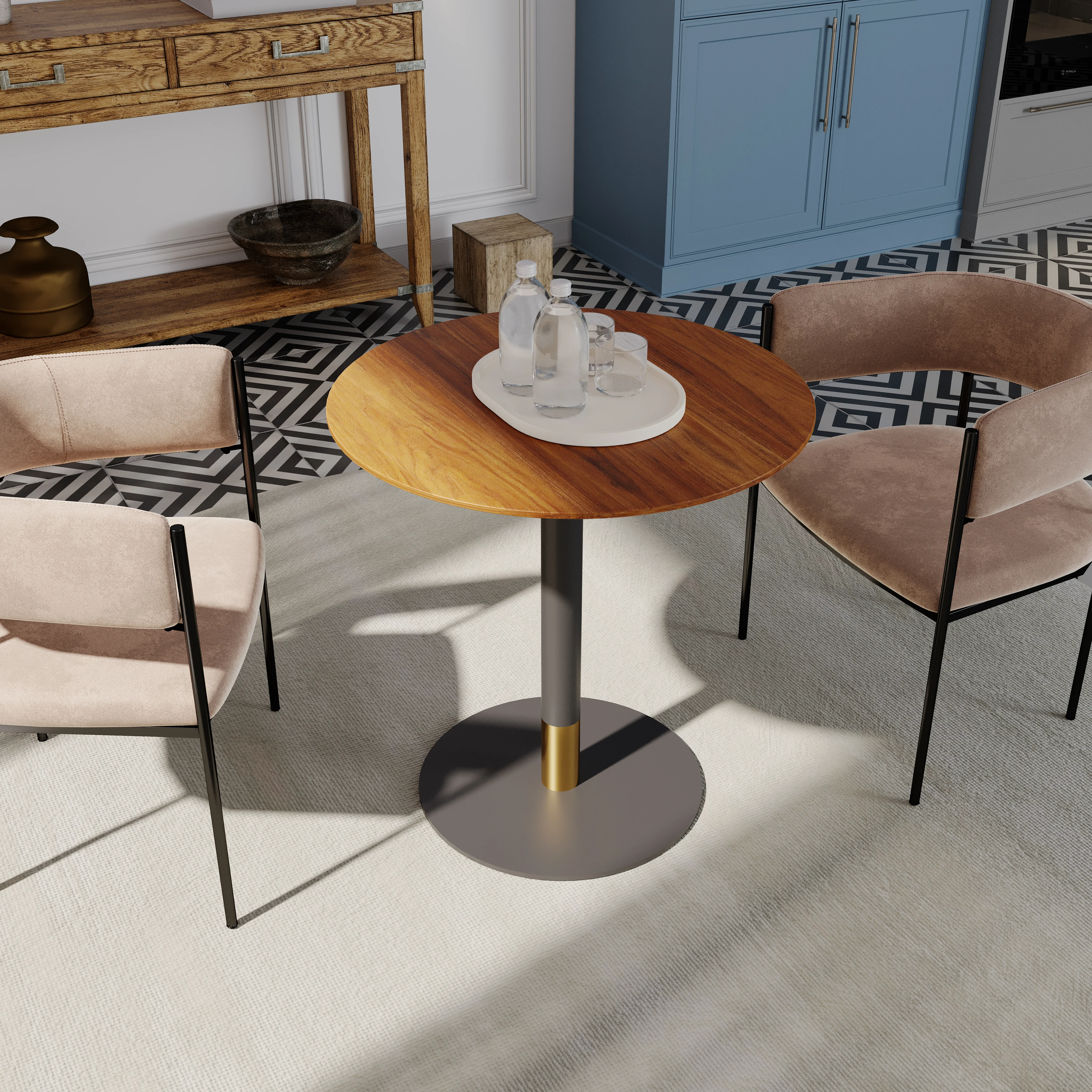 Vail Collection Dining Table Black/Gold Base With 36" Round Cognac Brown MDF Top