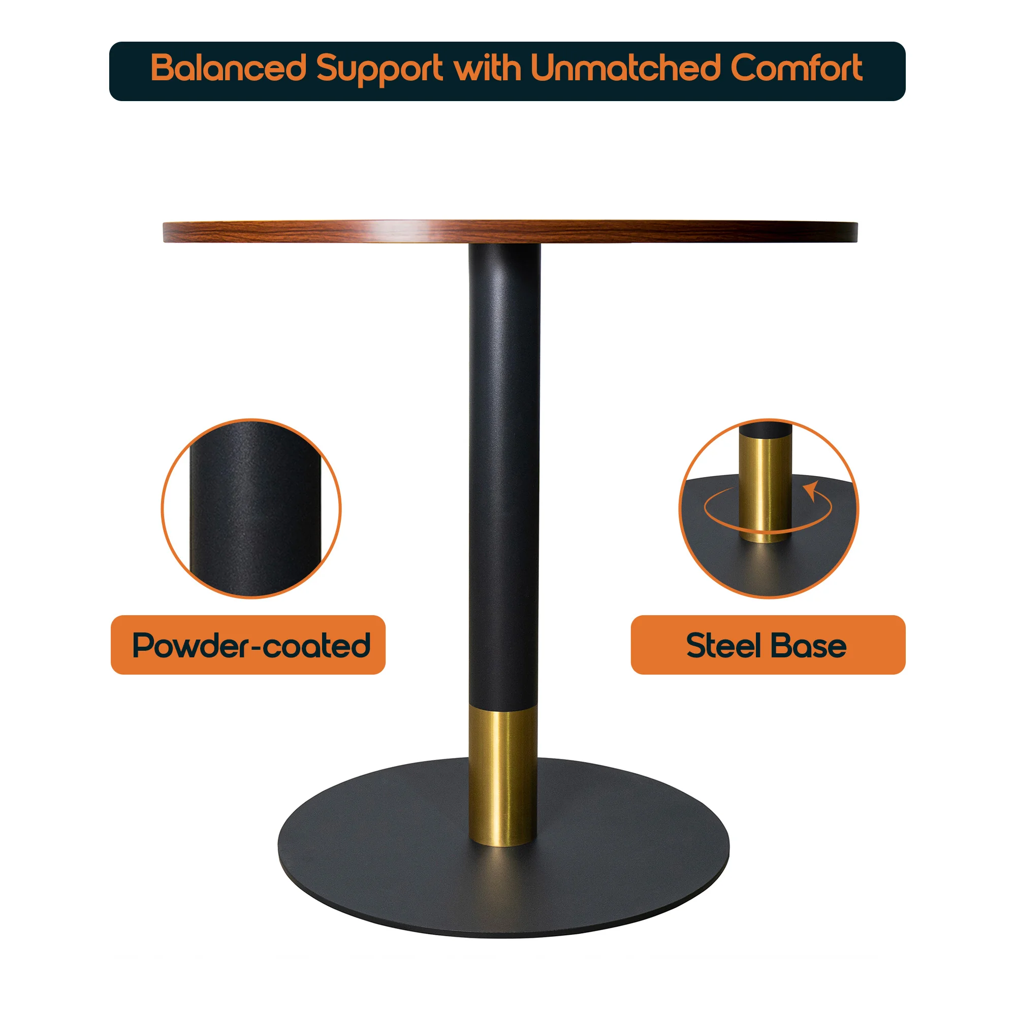 Vail Collection Dining Table Black/Gold Base With 36" Round Cognac Brown MDF Top