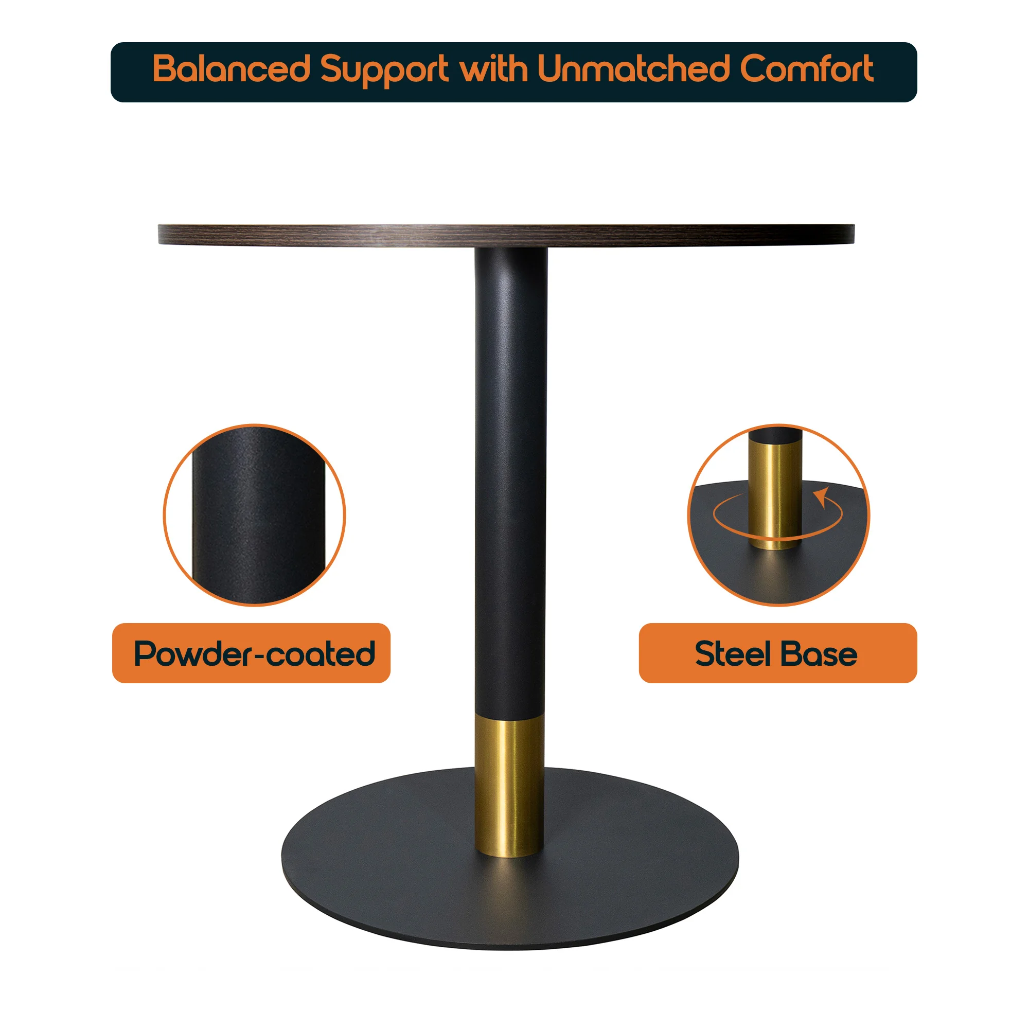 Vail Collection Dining Table Black/Gold Base With 36" Round Dark  Brown MDF Top