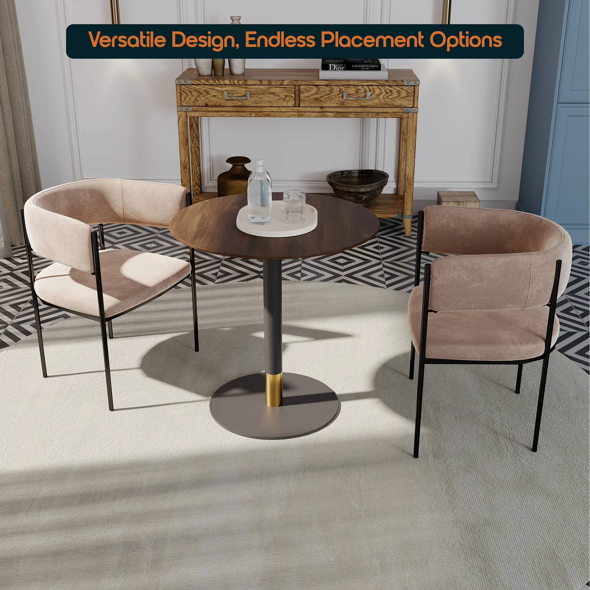 Vail Collection Dining Table Black/Gold Base With 36" Round Dark  Brown MDF Top