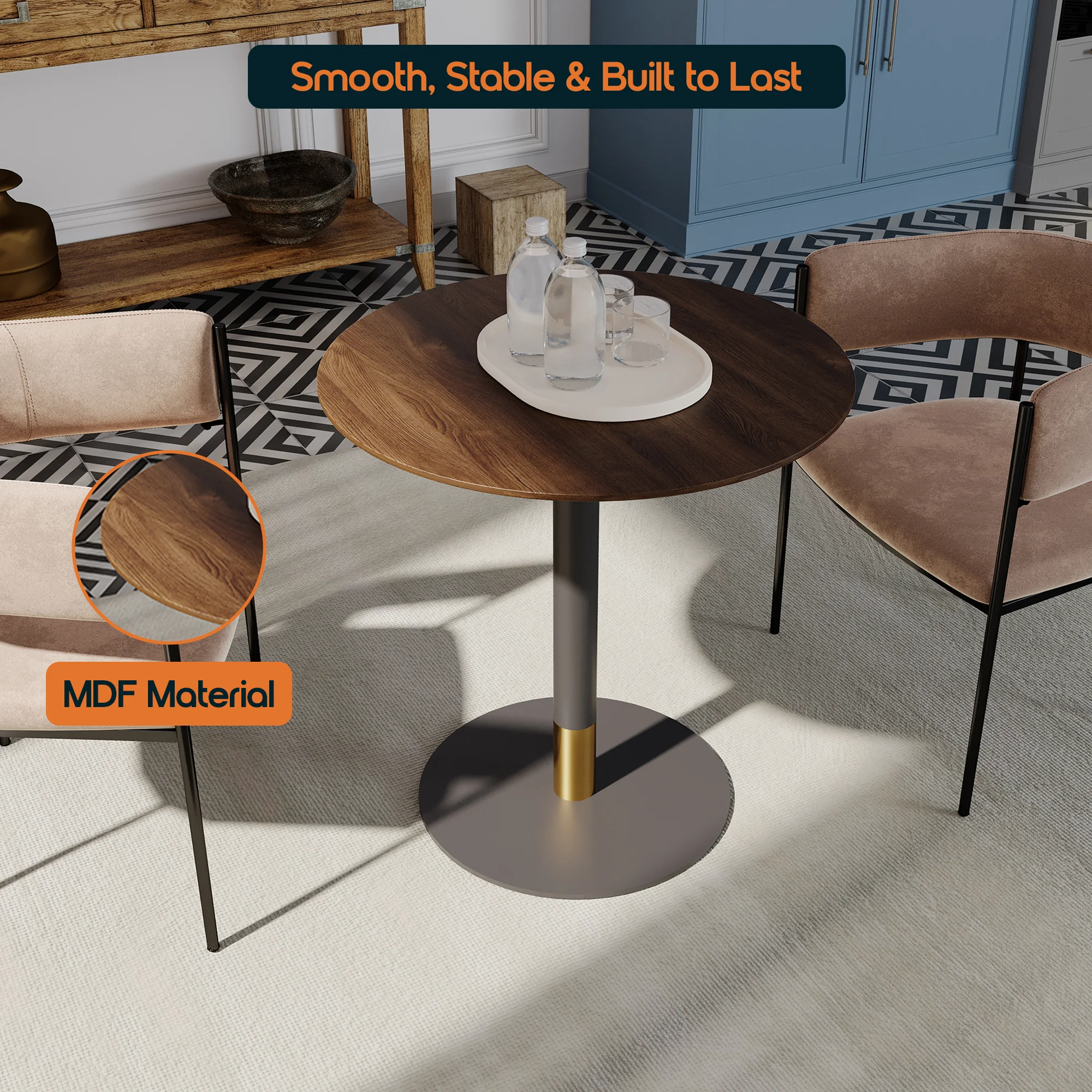 Vail Collection Dining Table Black/Gold Base With 36" Round Dark  Brown MDF Top