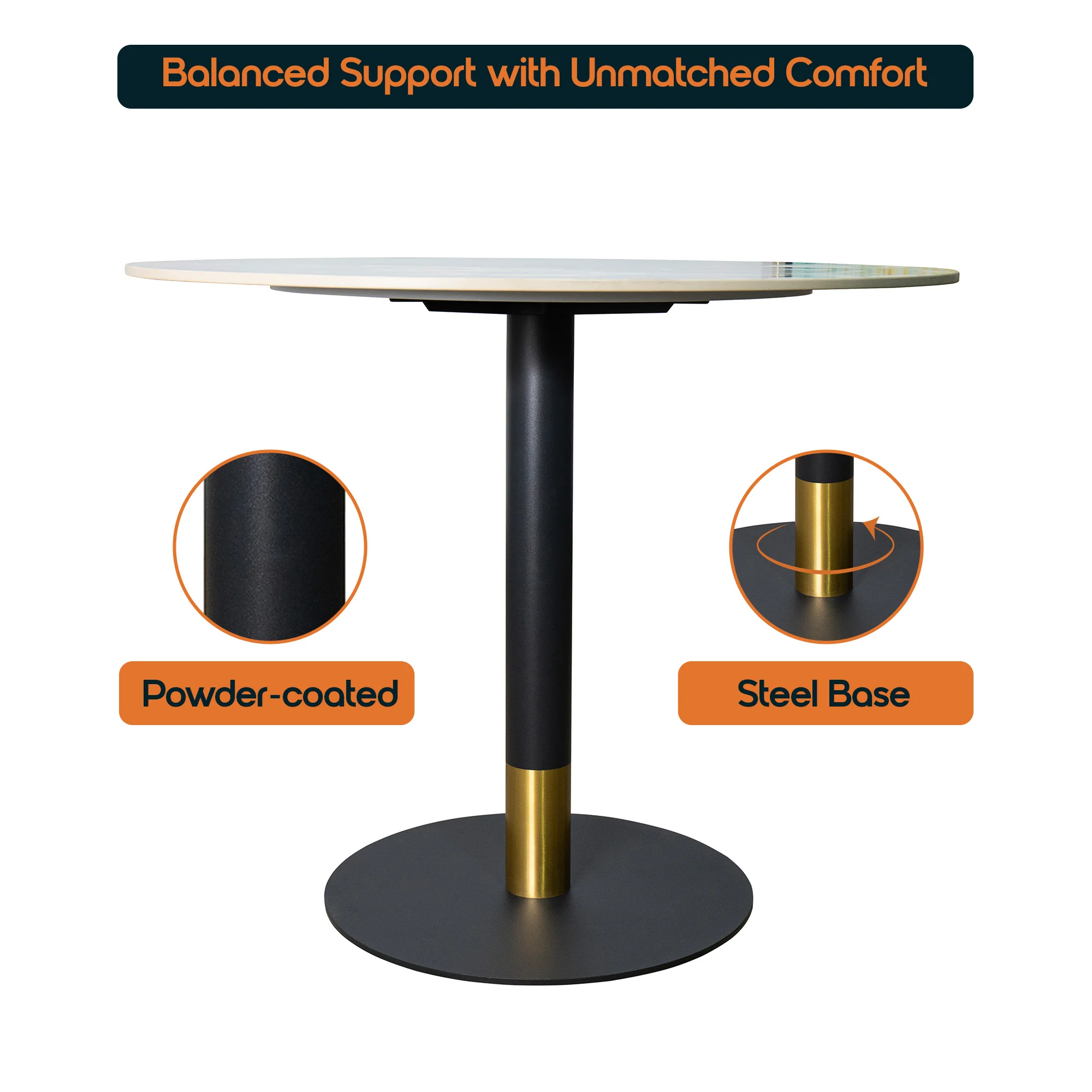 Vail Collection Dining Table Black/Gold Base With 36" Round Grey Stone  Top