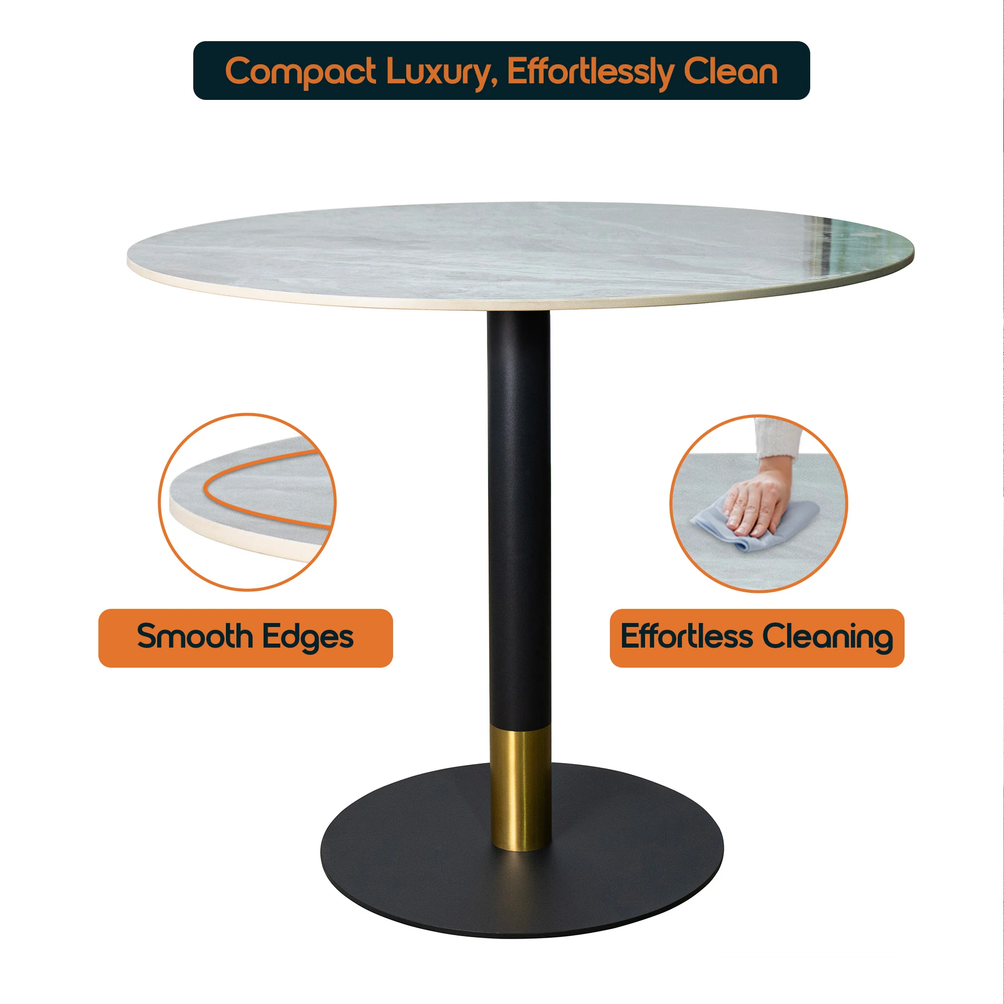 Vail Collection Dining Table Black/Gold Base With 36" Round Grey Stone  Top