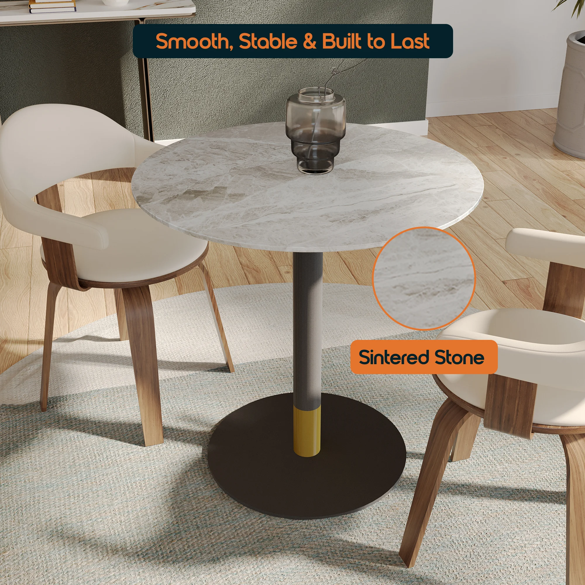 Vail Collection Dining Table Black/Gold Base With 36" Round Grey Stone  Top