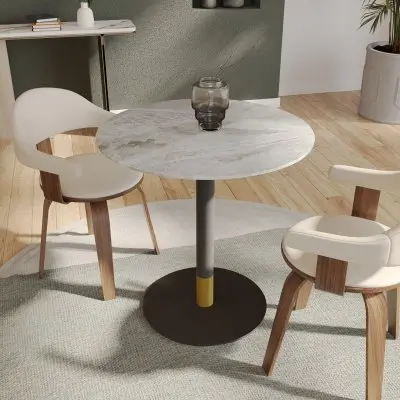 Vail Collection Dining Table Black/Gold Base With 36" Round Grey Stone  Top