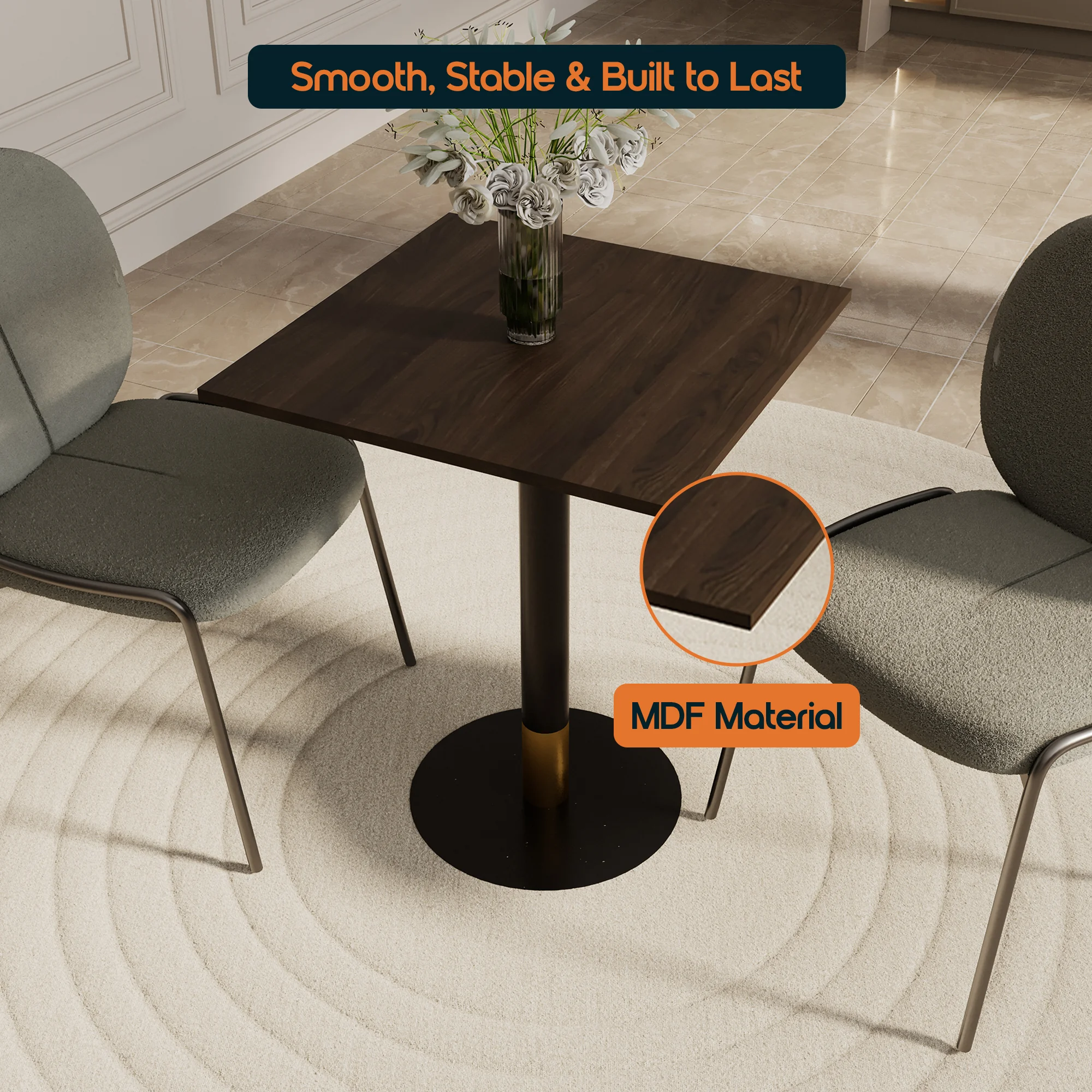 Vail Collection Dining Table Black/Gold Base With 24" Square Dark  Brown MDF Top