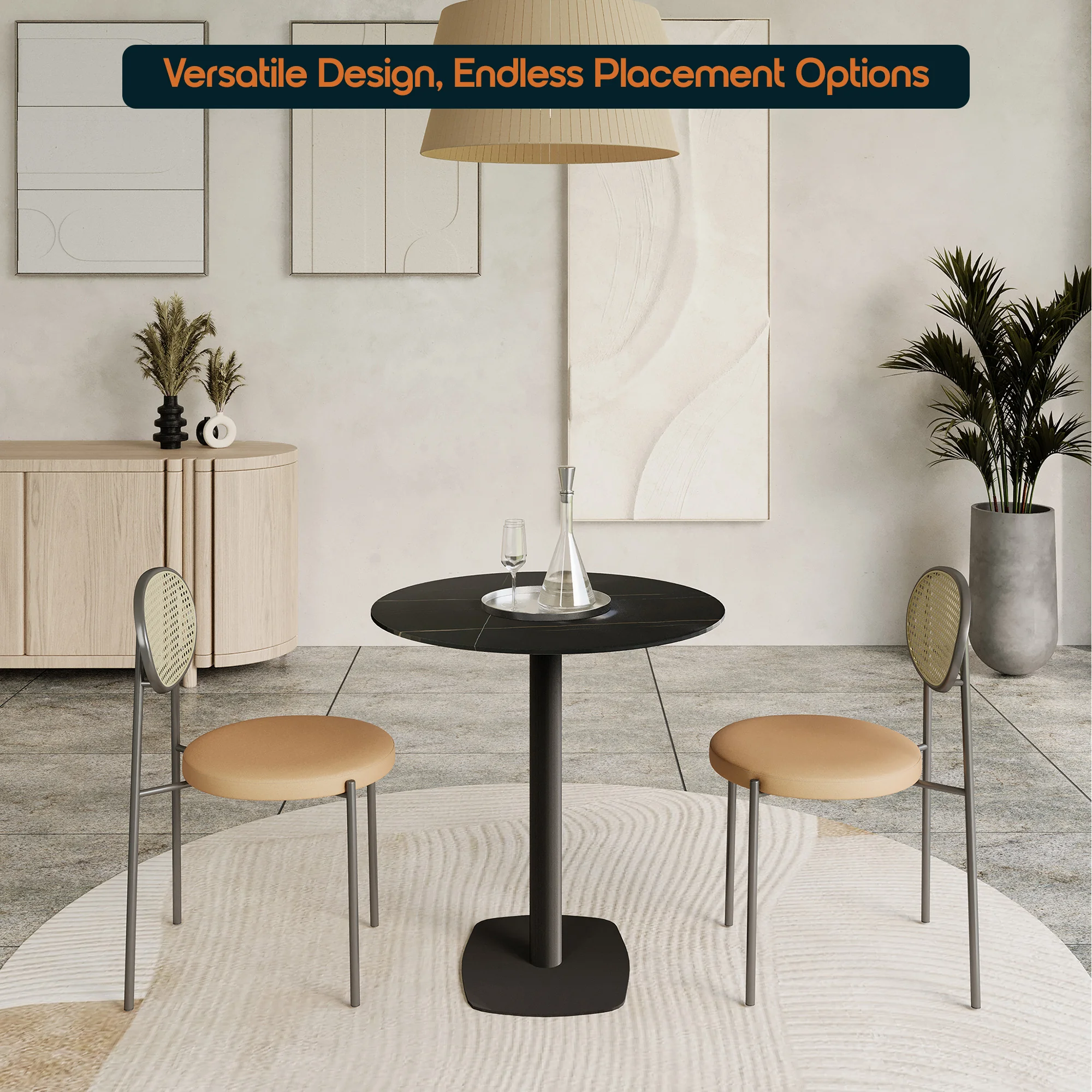 Vail Collection Dining Table Black Rectangle Base With 27" Round Black Stone Top