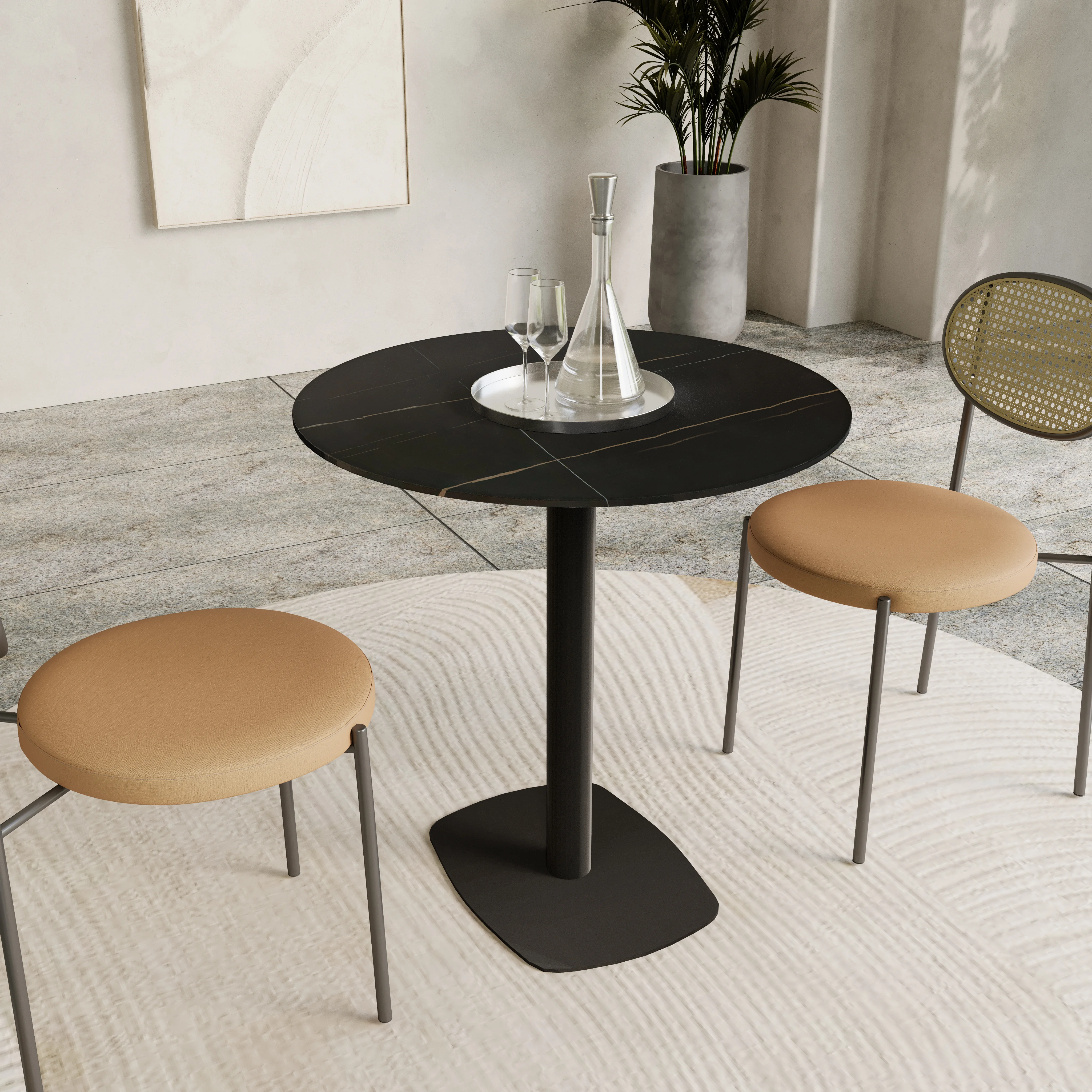 Vail Collection Dining Table Black Rectangle Base With 27" Round Black Stone Top