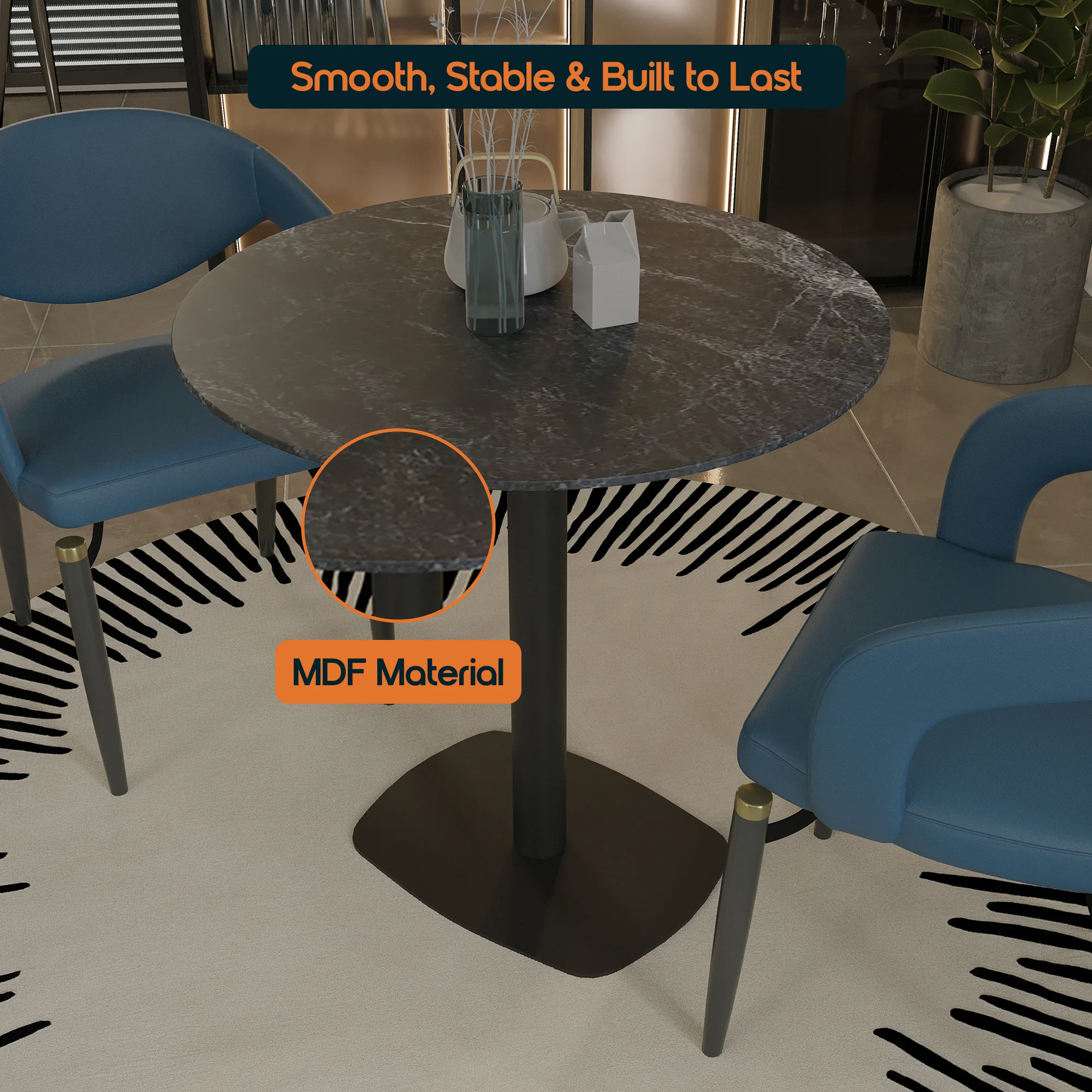 Vail Collection Dining Table Black Rectangle Base With 36" Round Black MDF Top