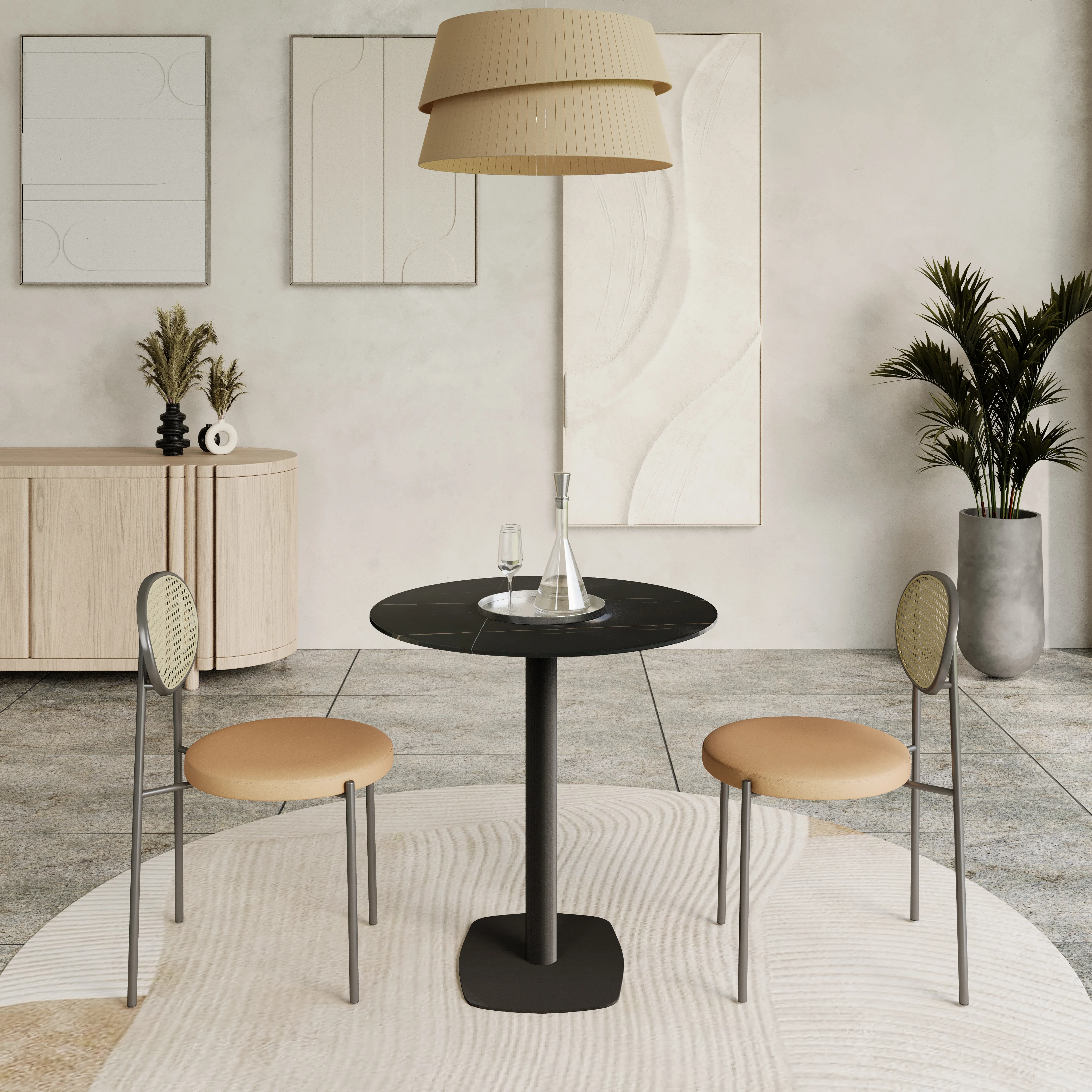 Vail Collection Dining Table Black Rectangle Base With 36" Round BLack Stone  Top
