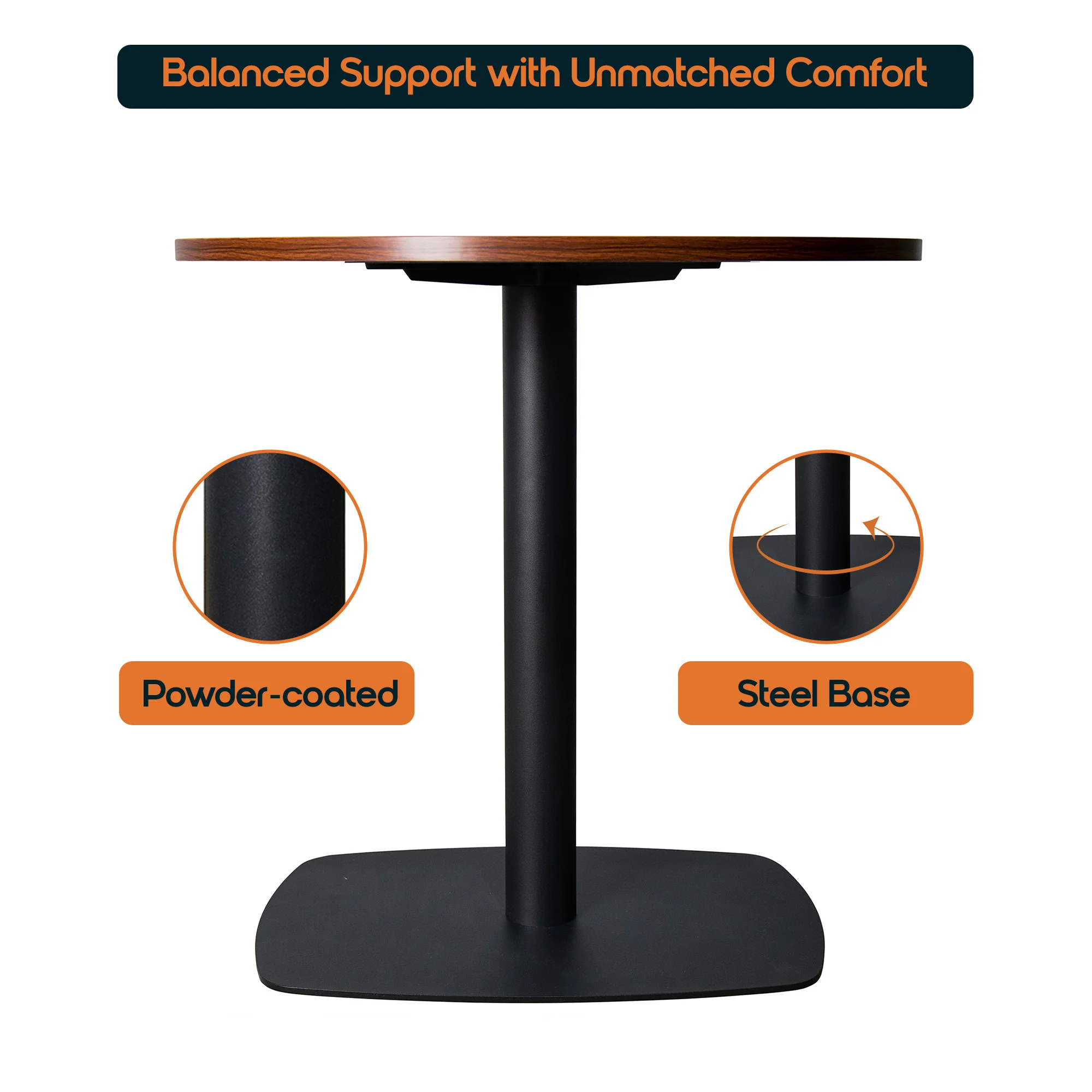 Vail Collection Dining Table Black Rectangle Base With 36" Round Cognac Brown MDF Top