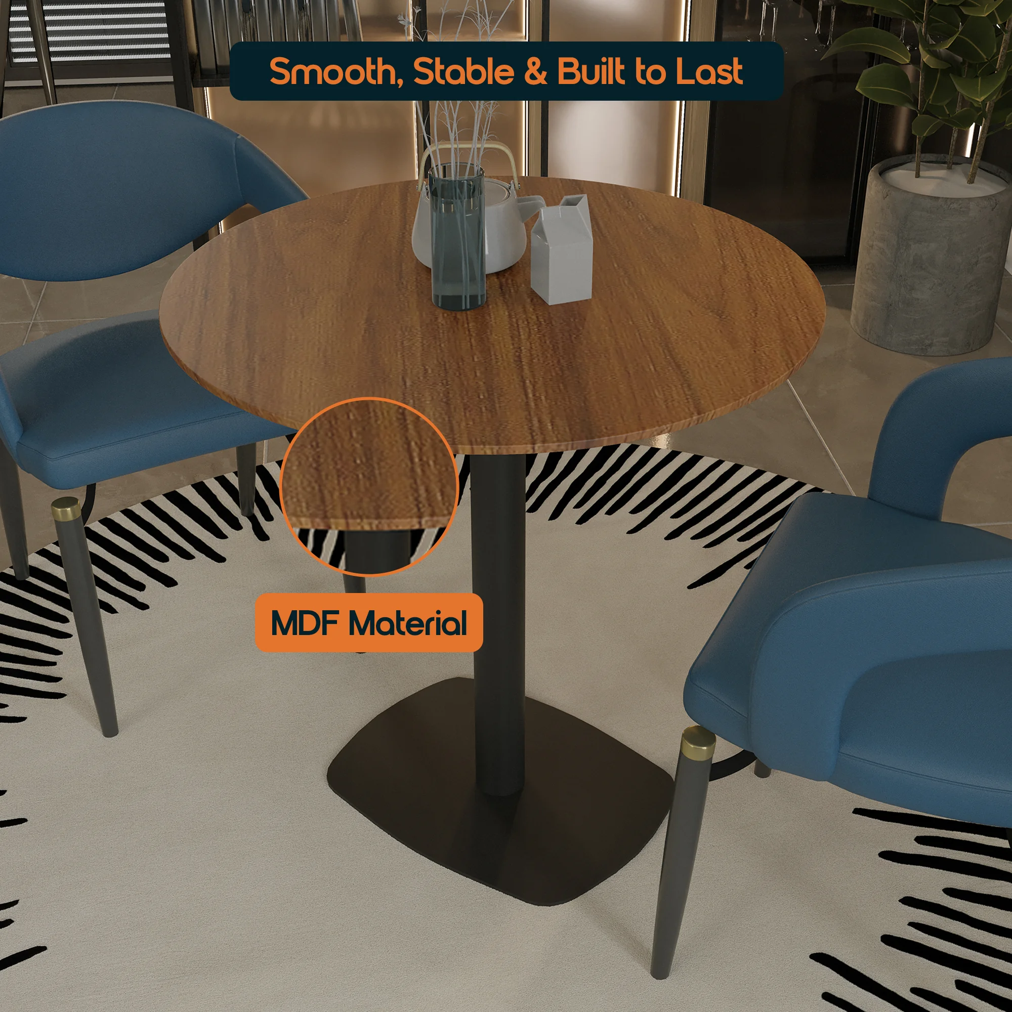 Vail Collection Dining Table Black Rectangle Base With 36" Round Cognac Brown MDF Top