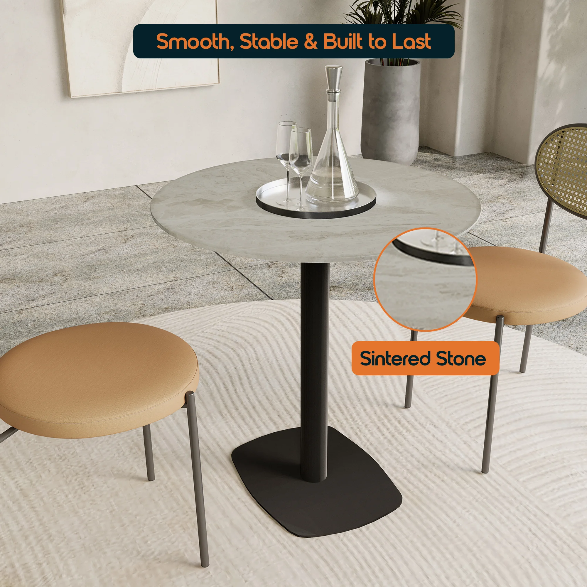 Vail Collection Dining Table Black Rectangle Base With 36" Round Grey Stone  Top