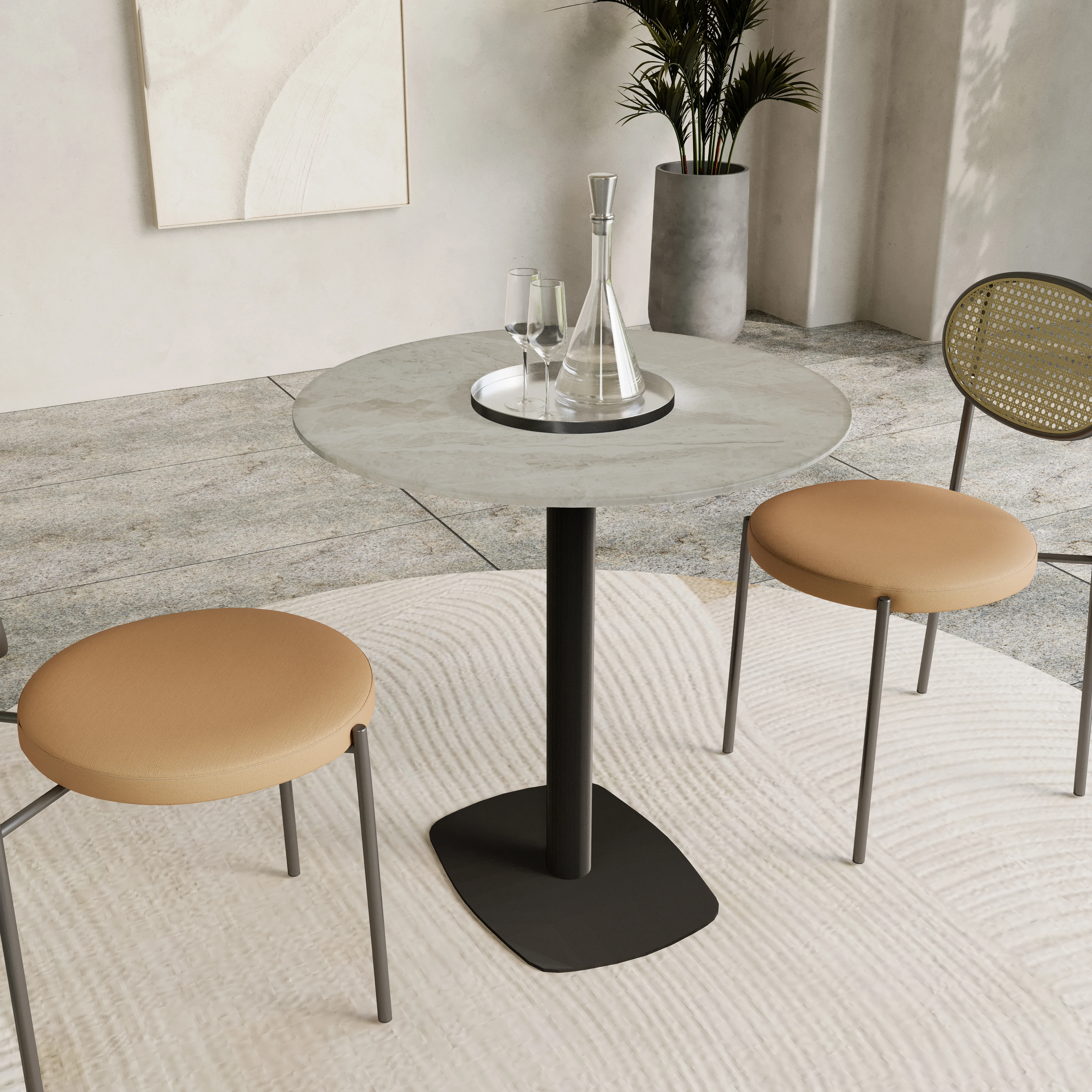Vail Collection Dining Table Black Rectangle Base With 36" Round Grey Stone  Top