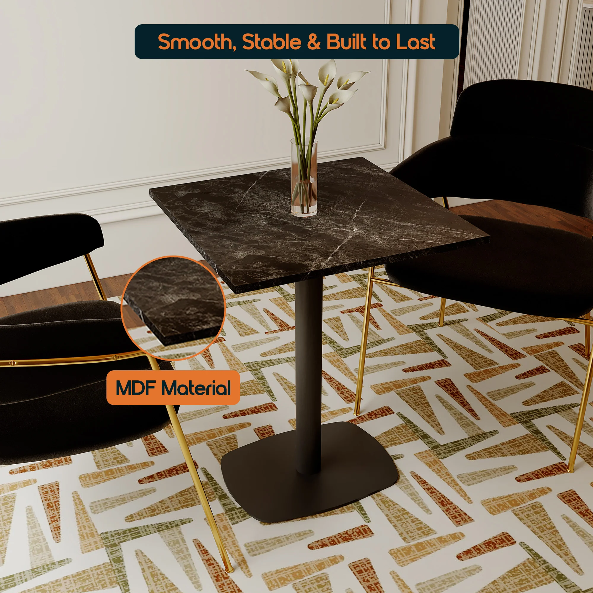 Vail Collection Dining Table Black Rectangle Base With 24" Square Black MDF Top