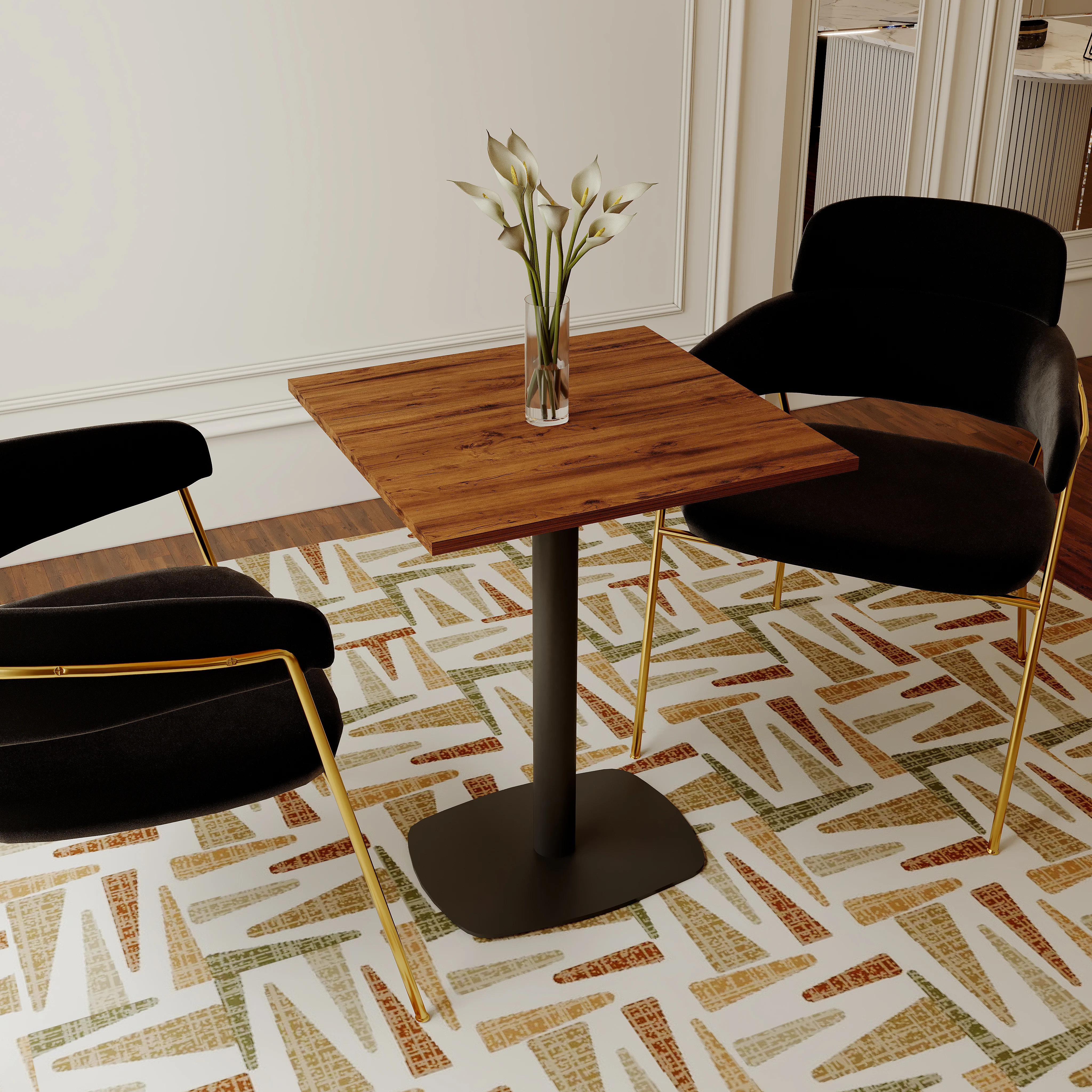 Vail Collection Dining Table Black Rectangle Base With 24" Square Cognac Brown MDF Top