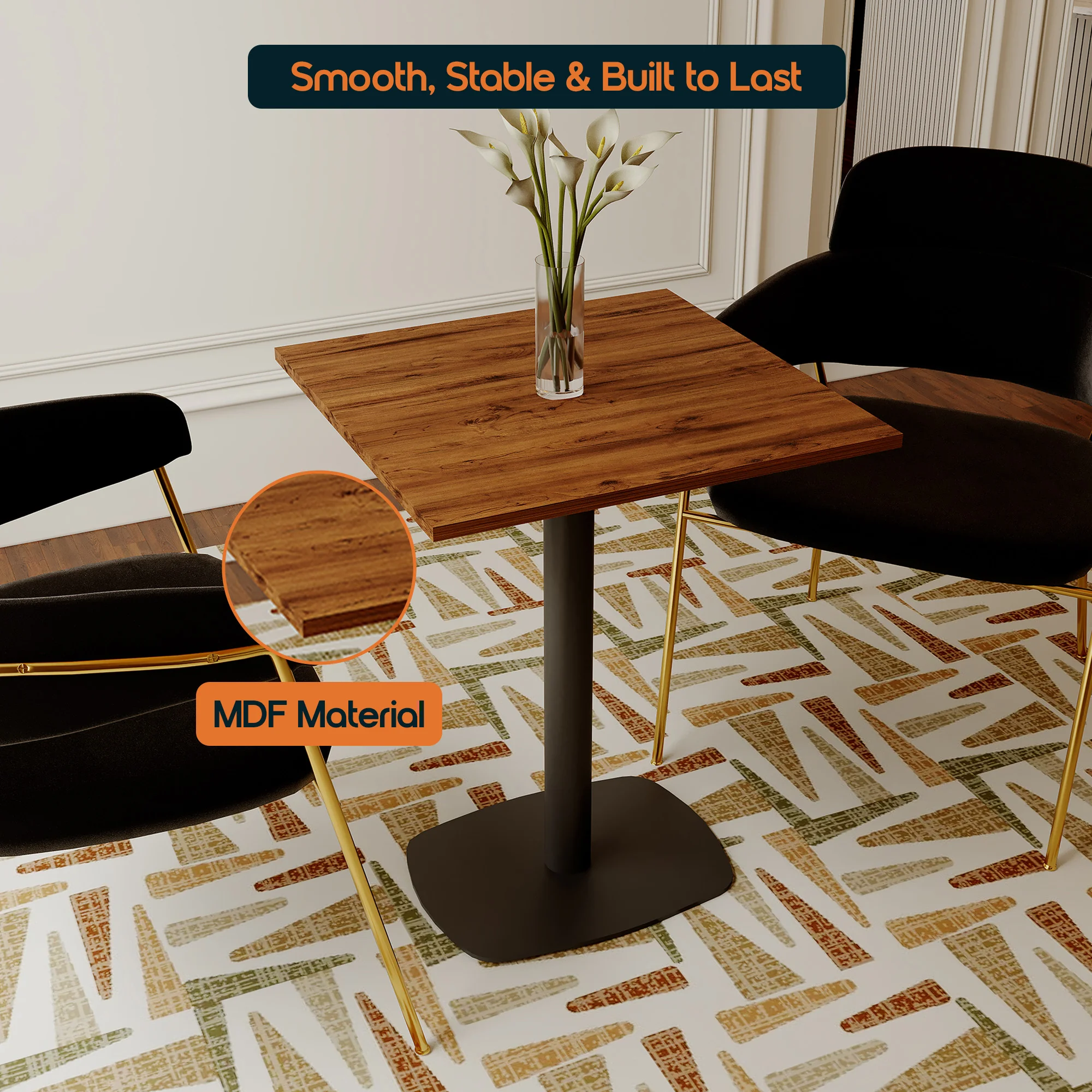 Vail Collection Dining Table Black Rectangle Base With 24" Square Cognac Brown MDF Top