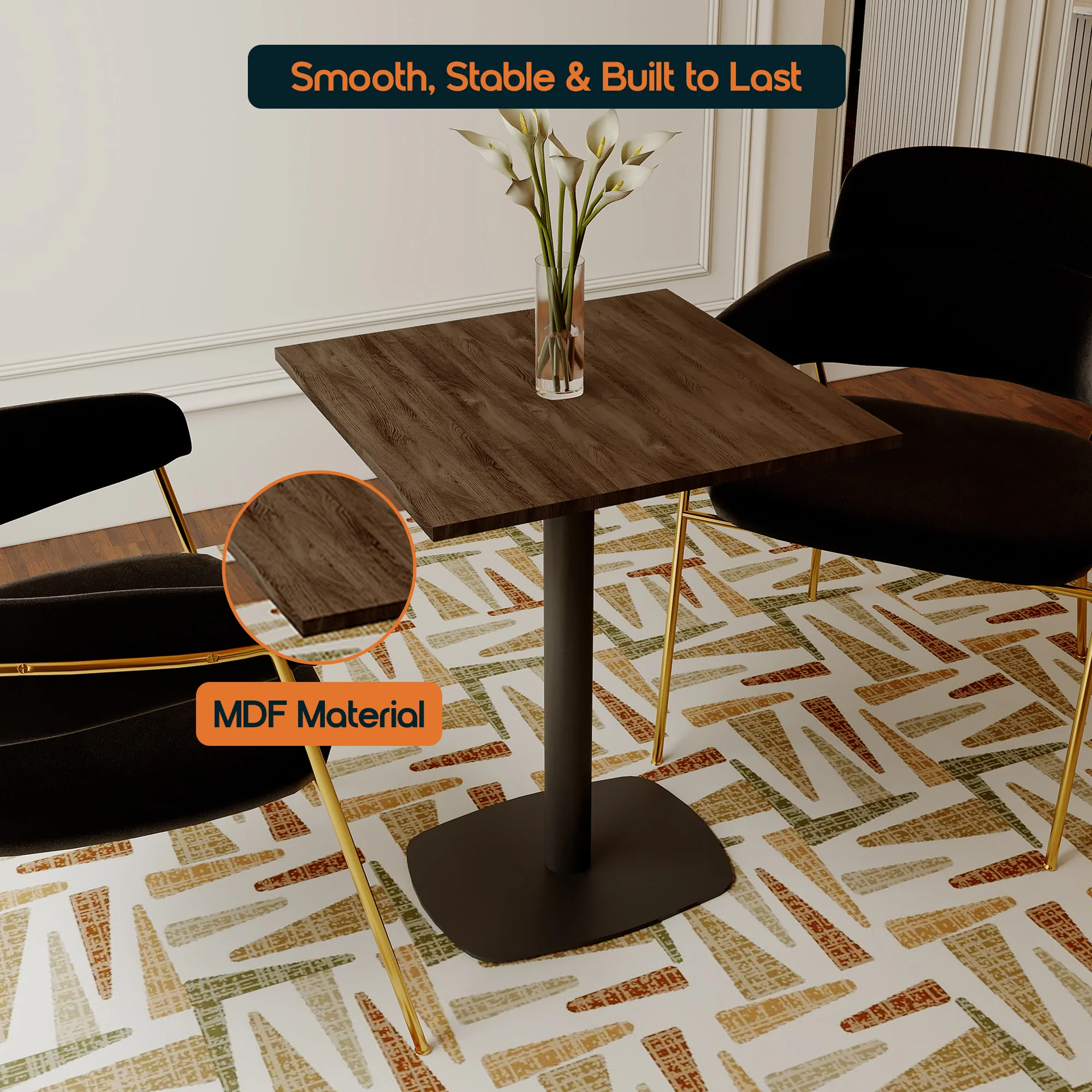 Vail Collection Dining Table Black Rectangle Base With 24" Square Dark  Brown MDF Top