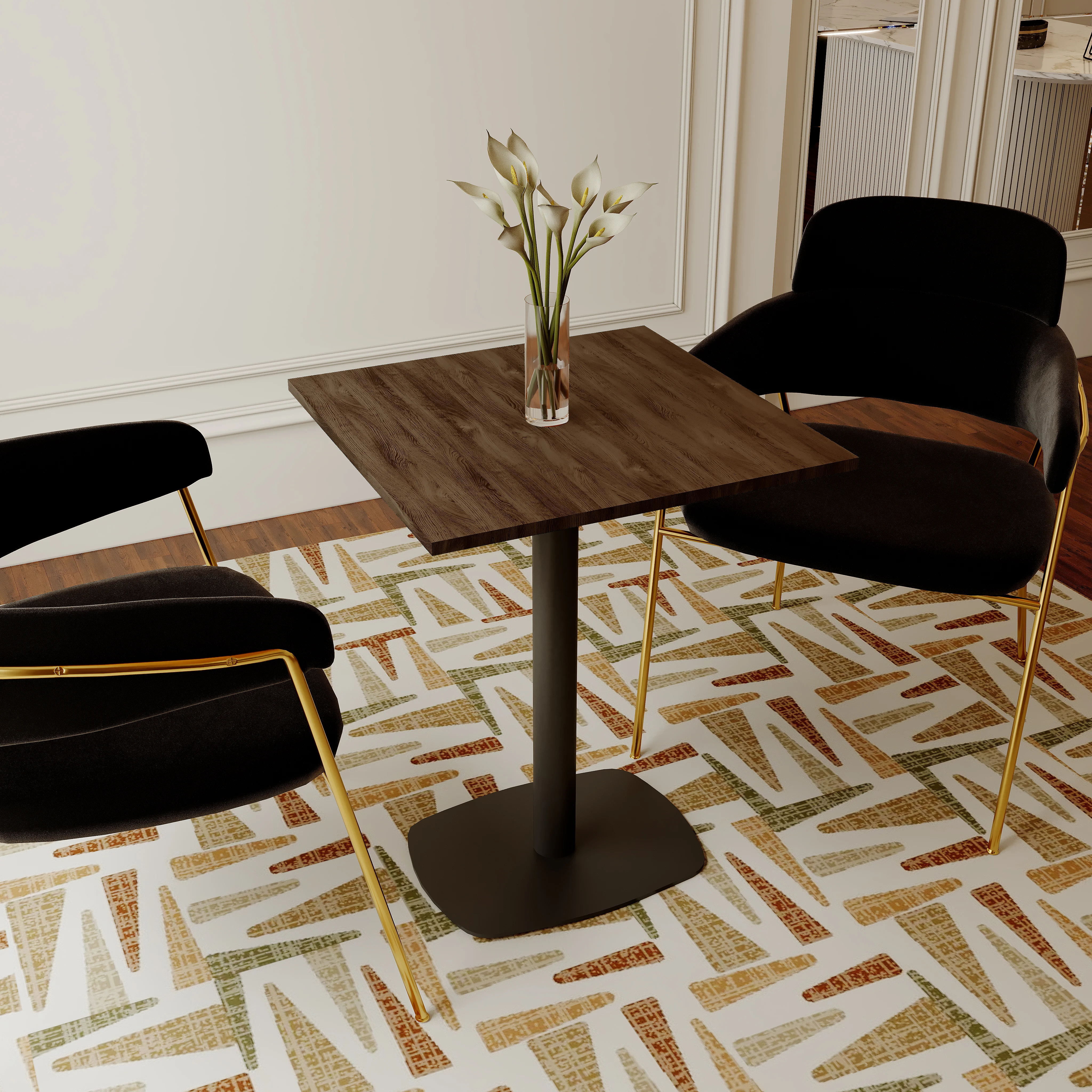 Vail Collection Dining Table Black Rectangle Base With 24" Square Dark  Brown MDF Top