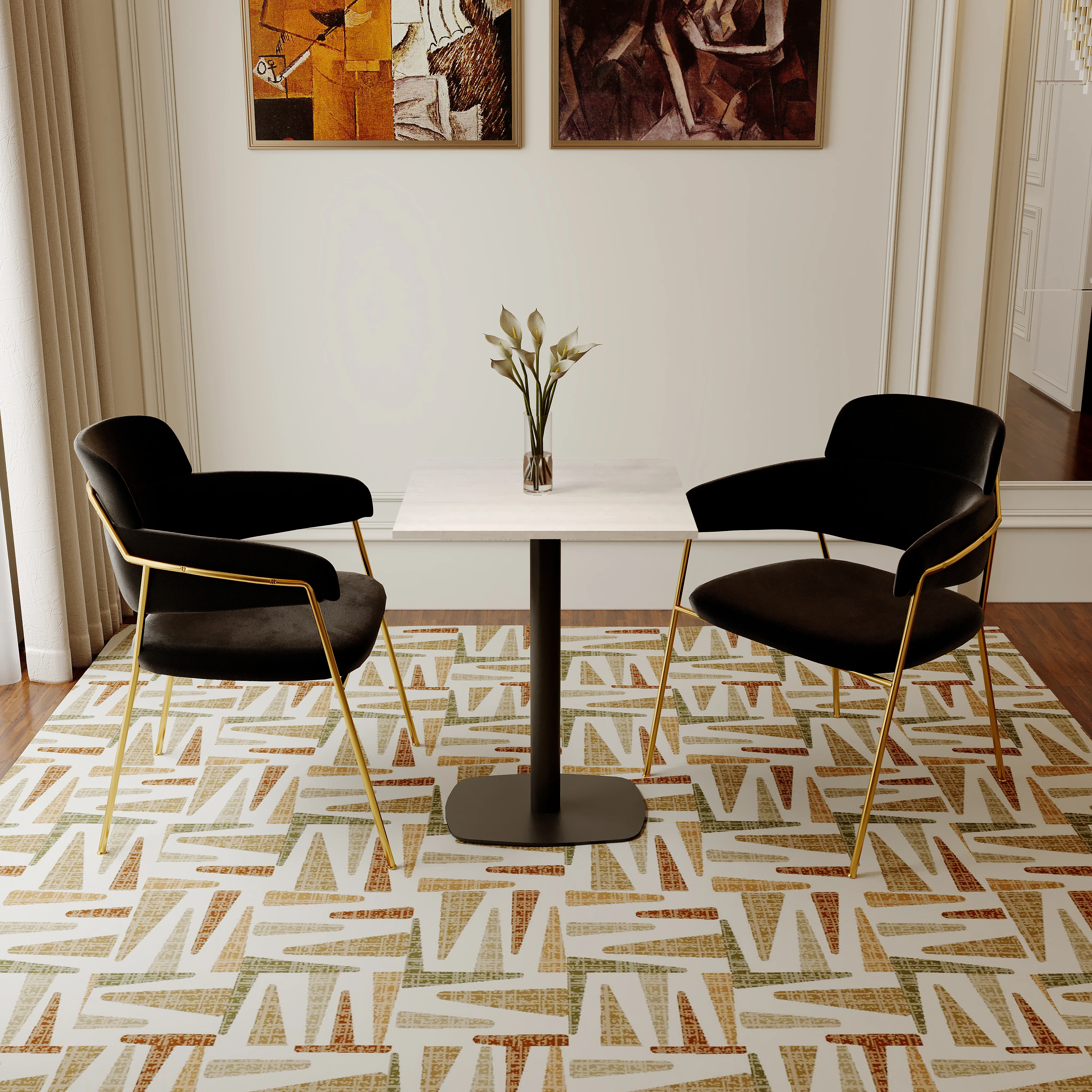 Vail Collection Dining Table Black Rectangle Base With 24" Square Light Wood  Brown MDF Top