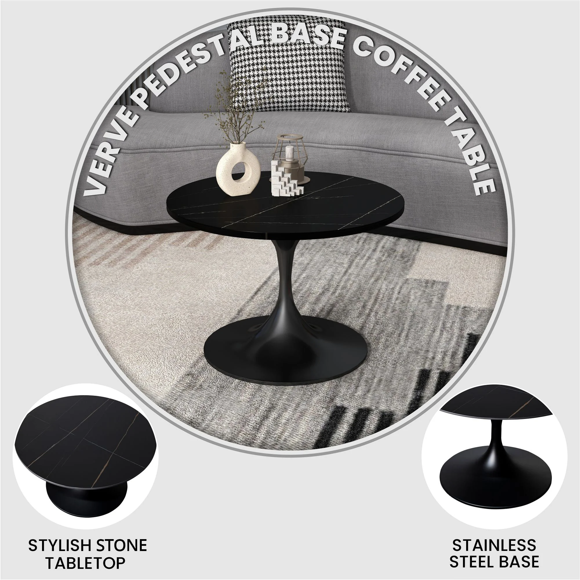 Verve Coffee Table Black base with 24" round sintered stone top